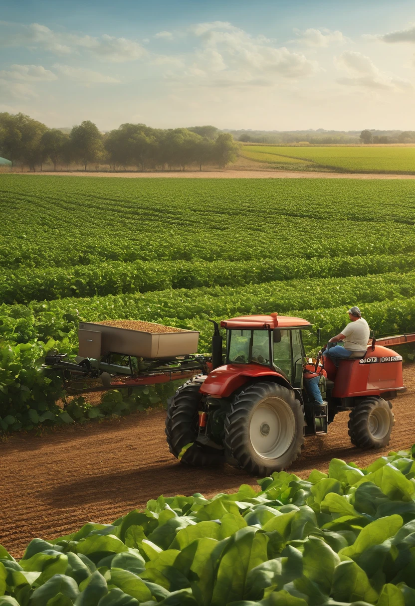 Pixar 3D-style drawing of a soybean plantation with a self-propelled sprayer in the background and a farmer in the foreground. acresecentar os dizeres rota da qualidade em texto 3d