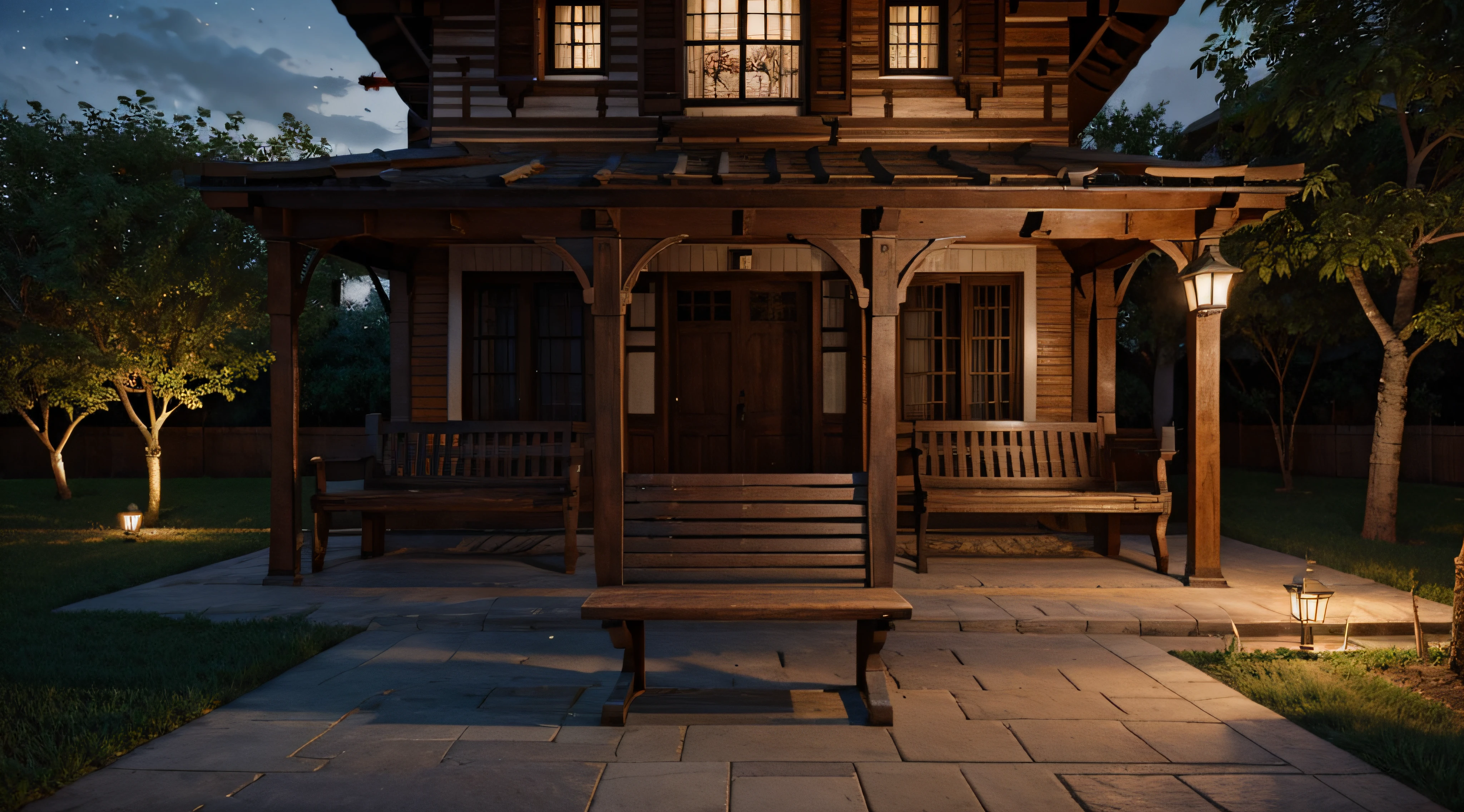 Colonial style square with wooden bench ultra realistic 3D night lighting