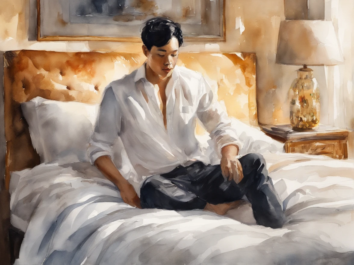 Man with black hair on bed、White shirt on left, In the style of star art group Xing, Cartoon Miss En Scene, Realistic scenery, I can't believe how beautiful this is, Golden light, Reflective, China Punk