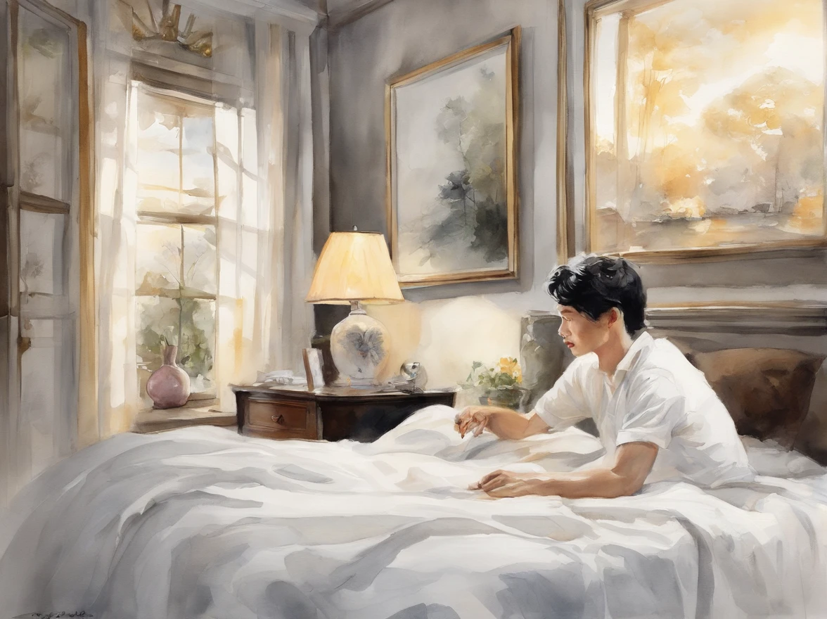 Man with black hair on bed、White shirt on left, In the style of star art group Xing, Cartoon Miss En Scene, Realistic scenery, I can't believe how beautiful this is, Golden light, Reflective, China Punk