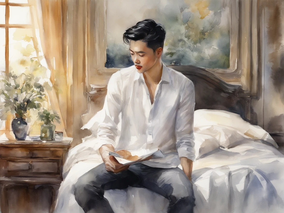 Man with black hair on bed、White shirt on left, In the style of star art group Xing, Cartoon Miss En Scene, Realistic scenery, I can't believe how beautiful this is, Golden light, Reflective, China Punk