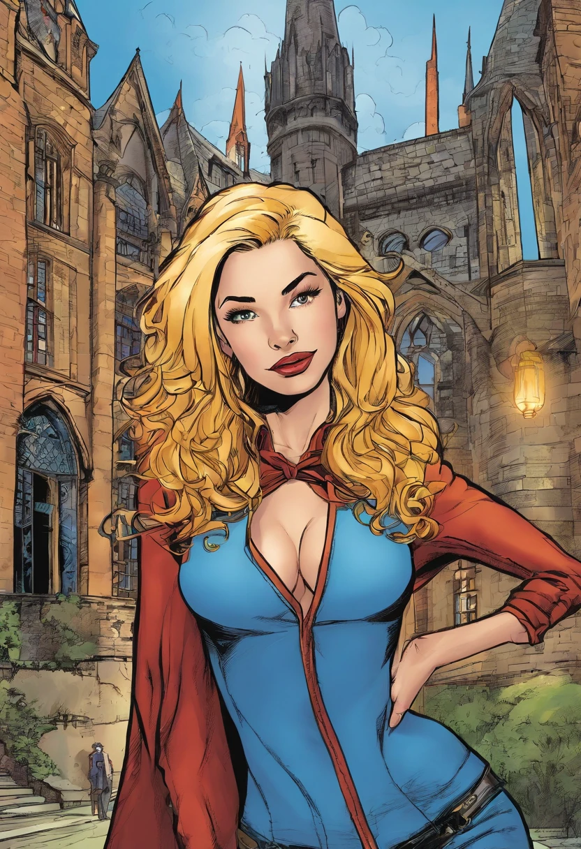 American comics, the comic story is presented in multiple irregular panels with color. hermione with blonde hair standing in front of hogwarts