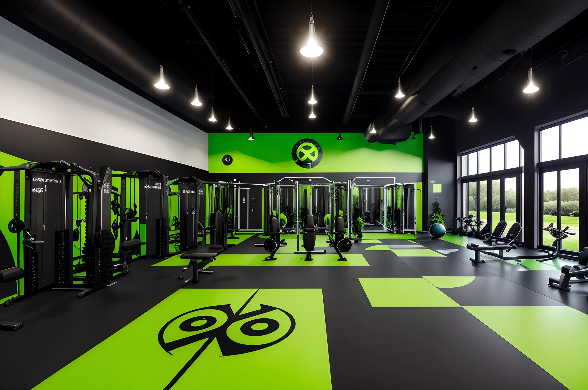 A black gym with green details with the Green Power symbol