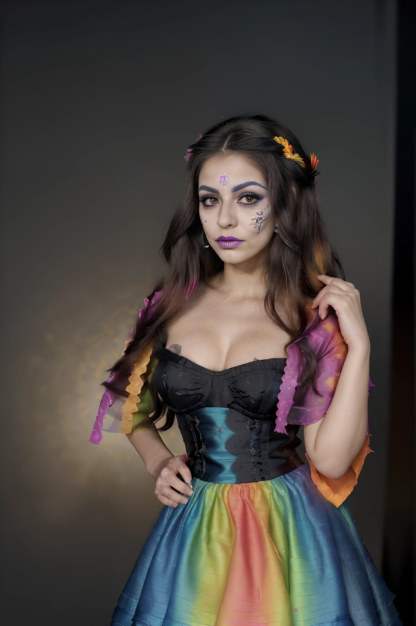 (foto oscura:1.4), 80mm, Una hermosa mujer con cabello largo y rizado con (colorful makeup Dia de Muertos:1.3): posando en una fiesta, Corona de rosas (en la cabeza:1.2), intrincado detallado largo (vestido rojo:1.3) con detalles de encaje negro, 4k, 8k, (Detalles intrincados:1.12), HDR, (Detalles intrincados, hiperdetallado:1.15), (Textura natural de la piel, Hiperrealismo, Luz suave, afilado:1.2), Luz suave, afilado, exposure blending, Plano medio, Bokeh, (HDR:1.4), alto contraste, (Kinematic, azul marino y naranja:0.85), (colores suaves, colores tenues, tonos suaves:1.3), Low saturation, (hiperdetallado:1.2), (negro:0.4) mirada sensu, manos en la cintura
