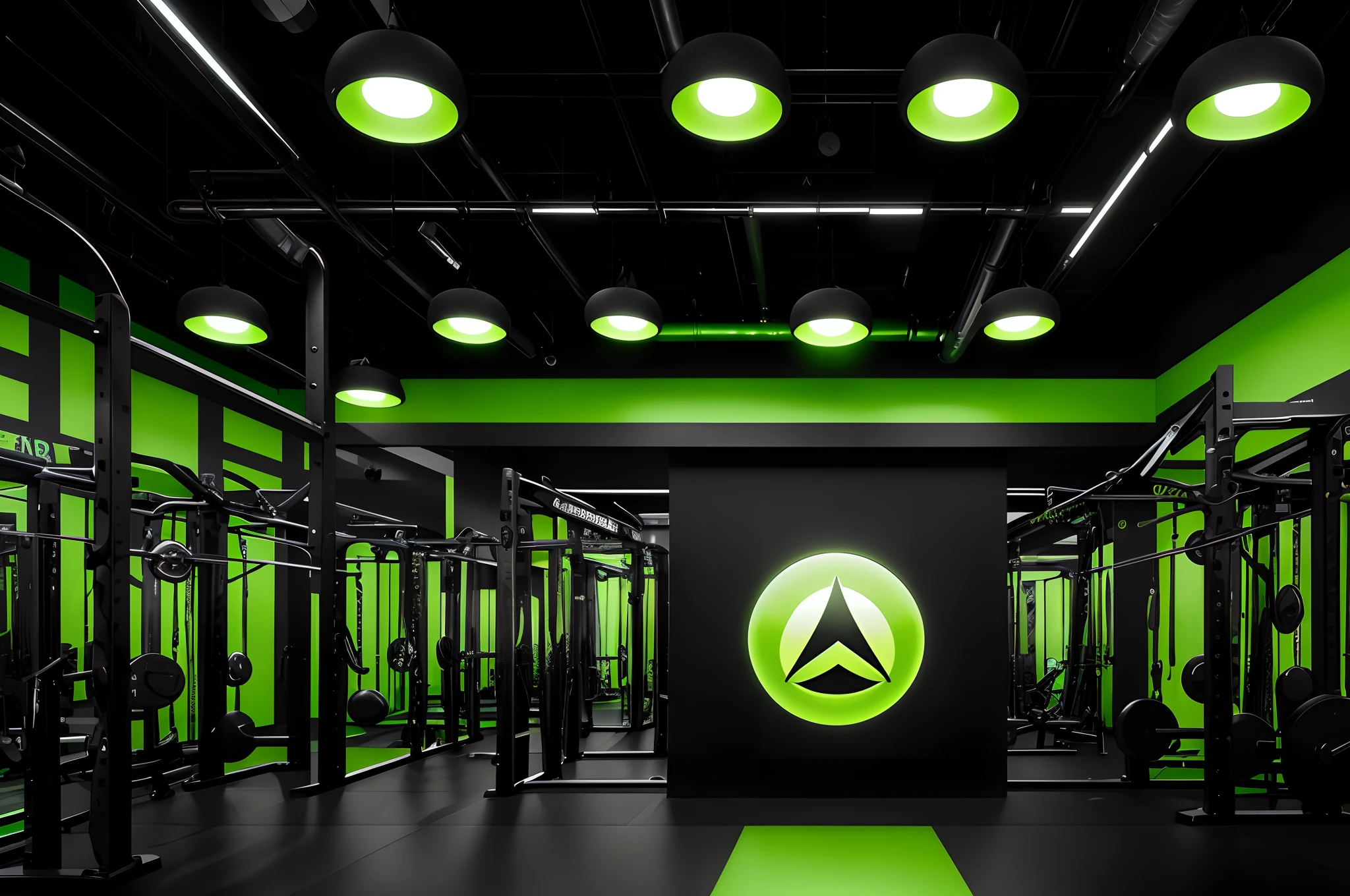 A black gym with green details with the Green Power symbol
