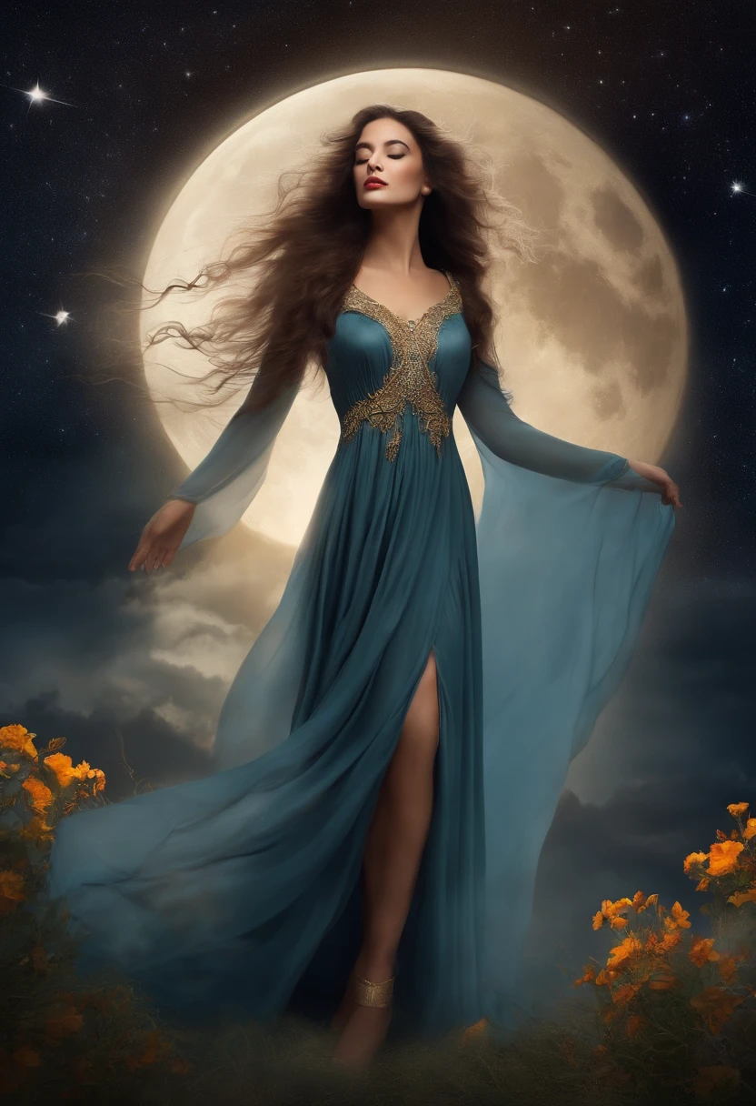 The Poetess in a long dress, dream like, long hair,
She raised her fingers
towards the moon as if to touch it,
and watched them dance across its surface like silky plumes of smoke.
She stood upon her toes,
to reach her highest high,
her body became the center of his world.
She spoke and the moon cried,
wanting to hear her sing.
Music from the stars played quietly, rhythmically, to the highest lofts of heaven; so she sang to quiet the moon.