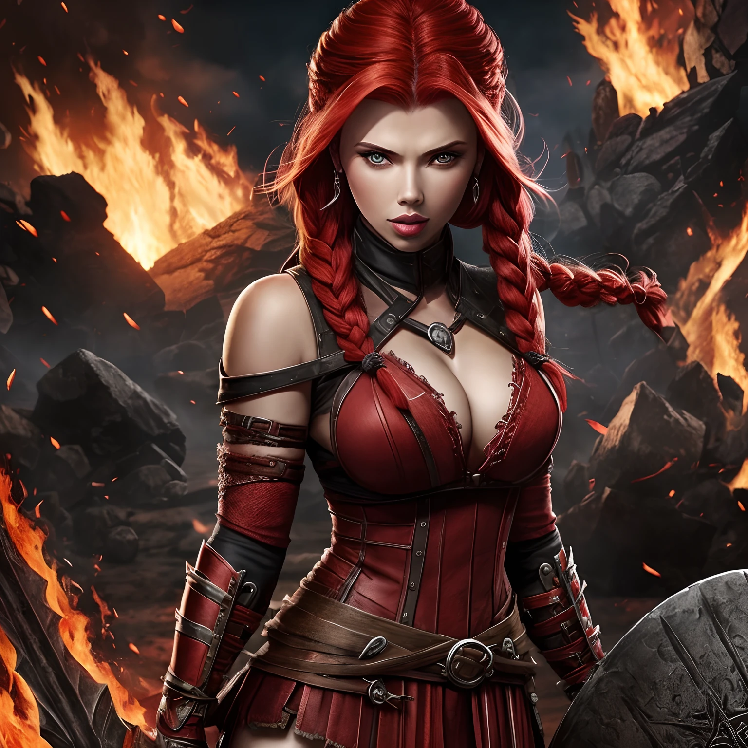 Berserker, barbarian woman(Scarlet Johansson), Arte de Fantasia, of his gaze alone enemies beginning to panic, one head, devilish smile, besta do inferno, demonio, White Fire Sky, guerreira, com foice e escudo, Linda, Mulheres, Werelion, Long red braided hair, olhos dourados brilhantes, realista, altamente detalhados, Motor irreal, 8k de luxo