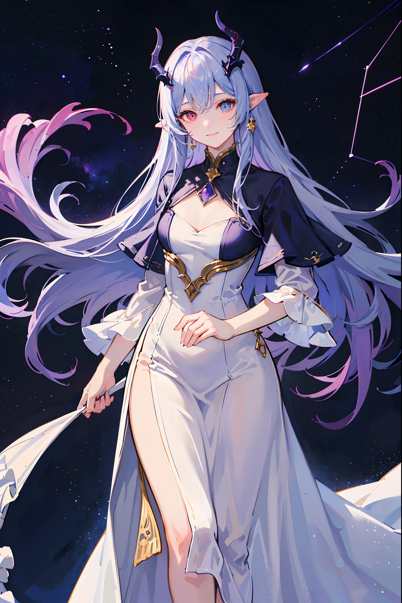 (masterpiece), high quality, perfect face, detailed eyes, (dragon woman), feminine, elegant, (heterochromatic eyes), (gentle smile), (curved horns), long pastel purple hair, (medium chest), (wearing a white and purple elegant long dress), (colorful nebula background:1.2), (walking on a sea of stars:1.2), (up view), (looking at the viewer), (holding a constellation on hand)