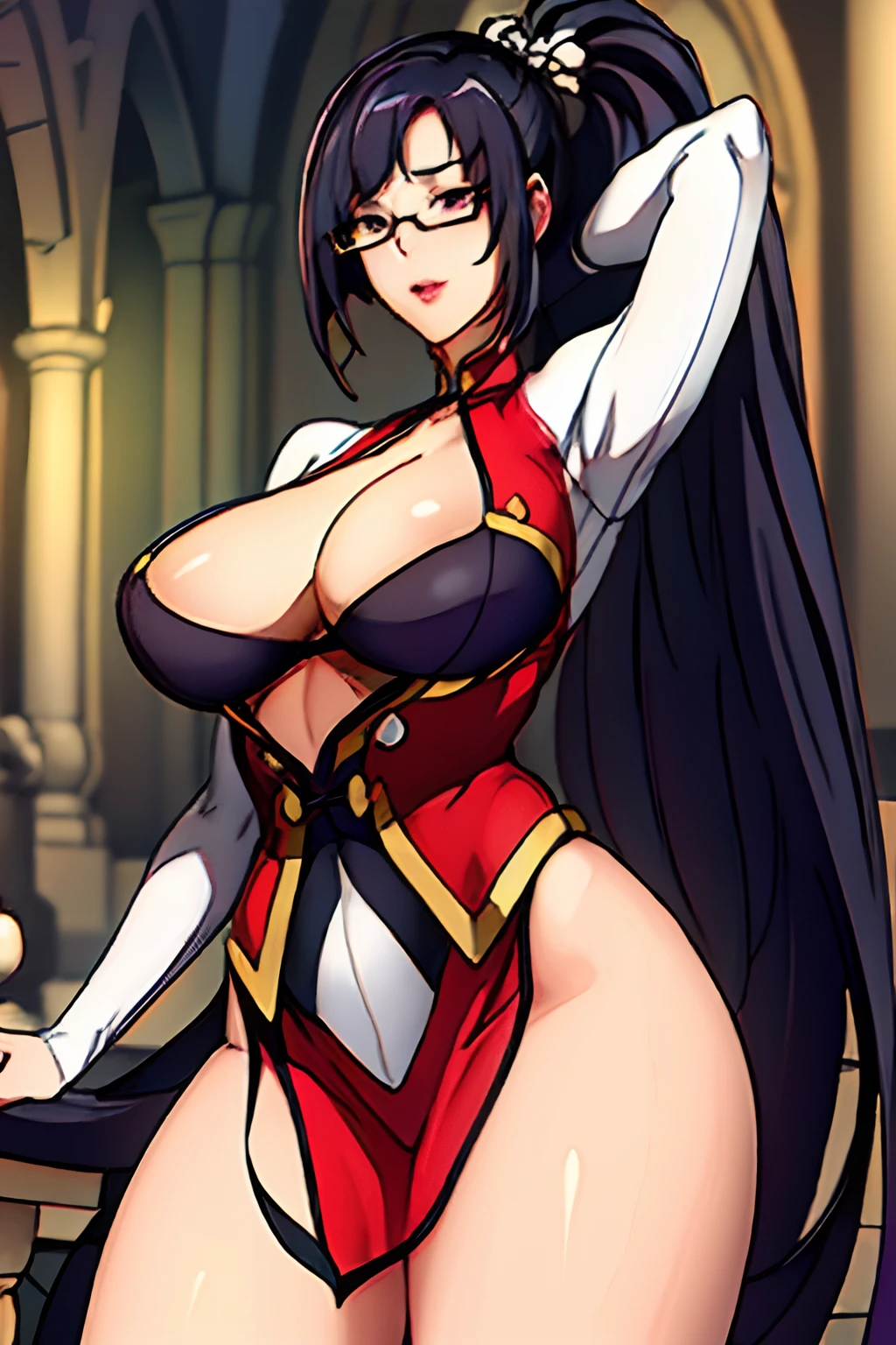 Beautiful, (wedding dress:1), pov on bellow, cowboy shot, standing pose, with hands on breasts, church background, semi-rimless eyewear, black hair, very long hair, ponytail,Bangs,purple eyes, 1 girl, 20yo,Young female,Beautiful Finger,Beautiful long legs,Beautiful body,Beautiful Nose,Beautiful character design, perfect eyes, perfect face,expressive eyes,perfect balance, (innocent_big_eyes:1.0), official art,extremely detailed CG unity 8k wallpaper, perfect lighting,Colorful, Bright_Front_face_Lighting,shiny skin, (masterpiece:1.0),(best_quality:1.0), ultra high res,4K,ultra-detailed, photography, 8K, HDR, highres, absurdres:1.2, Kodak portra 400, film grain, bokeh:1.2, lens flare, (vibrant_color:1.2),professional photograph, (Beautiful,large_Breasts:1.4), (beautiful_face:1.5)