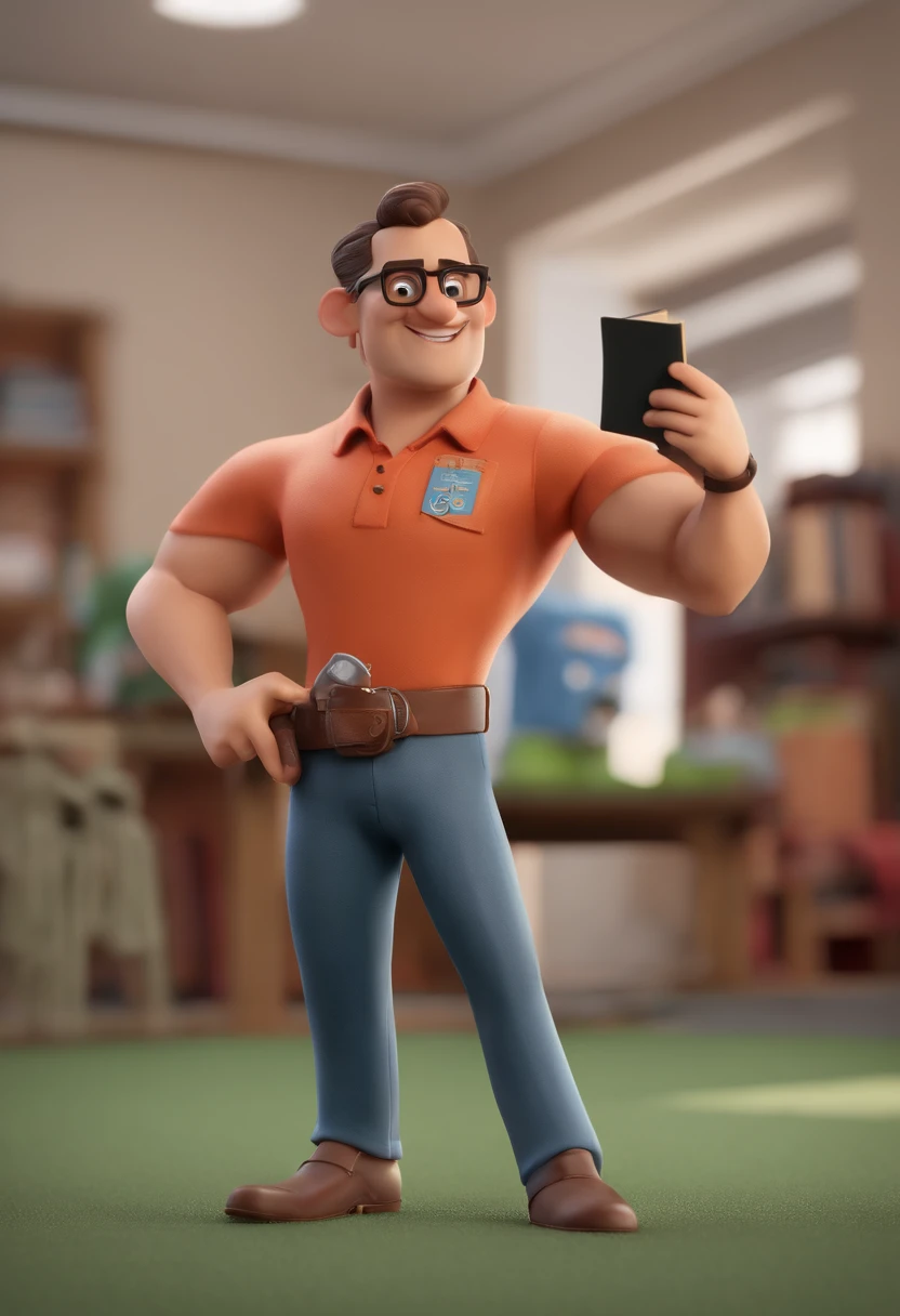 Criar uma imagem de um homem de 46 anos professor, sorrindo, usando oculos retangular, sendo musculoso. Na imagem o homem deve estar segurando livros. o estilo da imagem deve ser ser pixar- disney 3 d. Caractere estilizado, animation style rendering, 3D estilizado, Arnold Maya render, 3 d render stylized, toon render keyshot, Personagem 3D, Personagem 3D, 3d rendering stylized, 3 d character render, personagem de desenho animado, Personagem de close up, Pose de personagem, (Estilo Pixar) (master part:1.2) (Bokeh) (best quality) (pele detalhada) (textura detalhada) (8k) (argila) (Cinematic lighting) (foco nítido