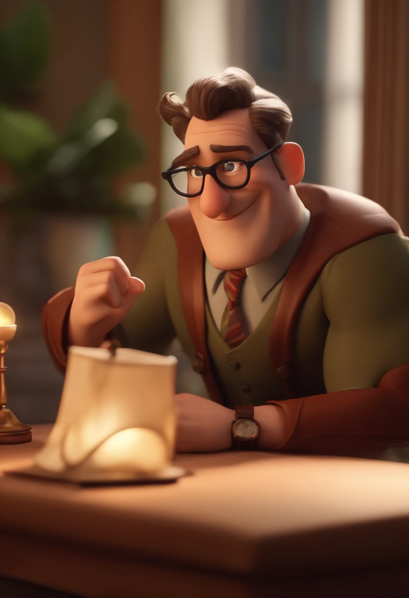 Criar uma imagem de um homem de 46 anos professor, sorrindo, usando oculos retangular, sendo musculoso. Na imagem o homem deve estar segurando livros. o estilo da imagem deve ser ser pixar- disney 3 d. Caractere estilizado, animation style rendering, 3D estilizado, Arnold Maya render, 3 d render stylized, toon render keyshot, Personagem 3D, Personagem 3D, 3d rendering stylized, 3 d character render, personagem de desenho animado, Personagem de close up, Pose de personagem, (Estilo Pixar) (master part:1.2) (Bokeh) (best quality) (pele detalhada) (textura detalhada) (8k) (argila) (Cinematic lighting) (foco nítido