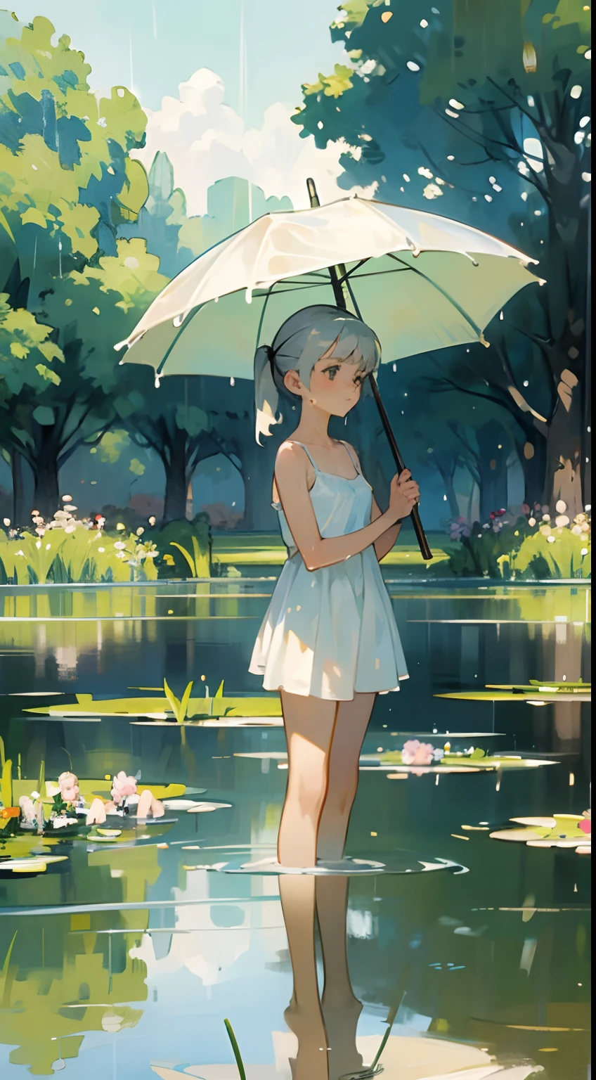 In Claude Monet style, Impressionism, 2 girls, white camisole, , one girl is short silver hair,one girl is blond pony tail, pond, ((wet))
