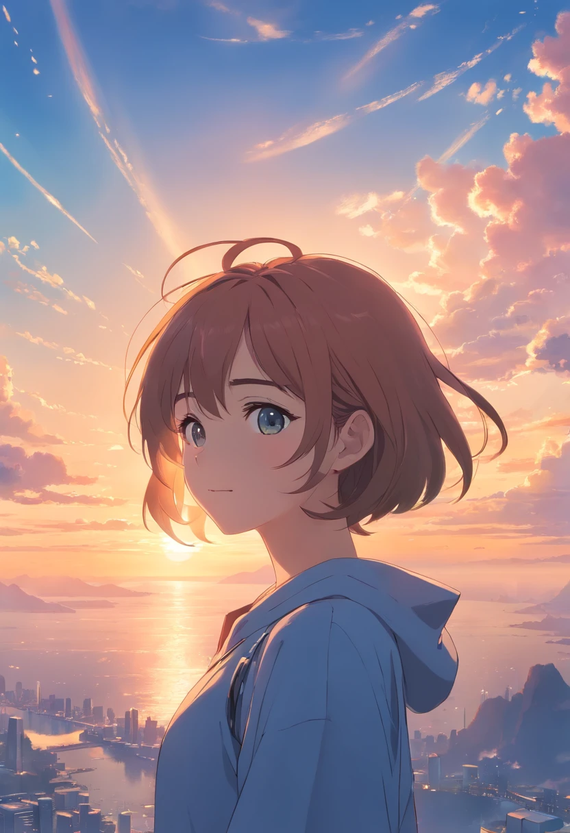 masterpiece、top-quality、Movie stills、1girl、Cloud Girl、floating in sky、a closeup、发光、happiness、Warm soft lighting、the setting sun、(Spark:0.7)、Longhaire、