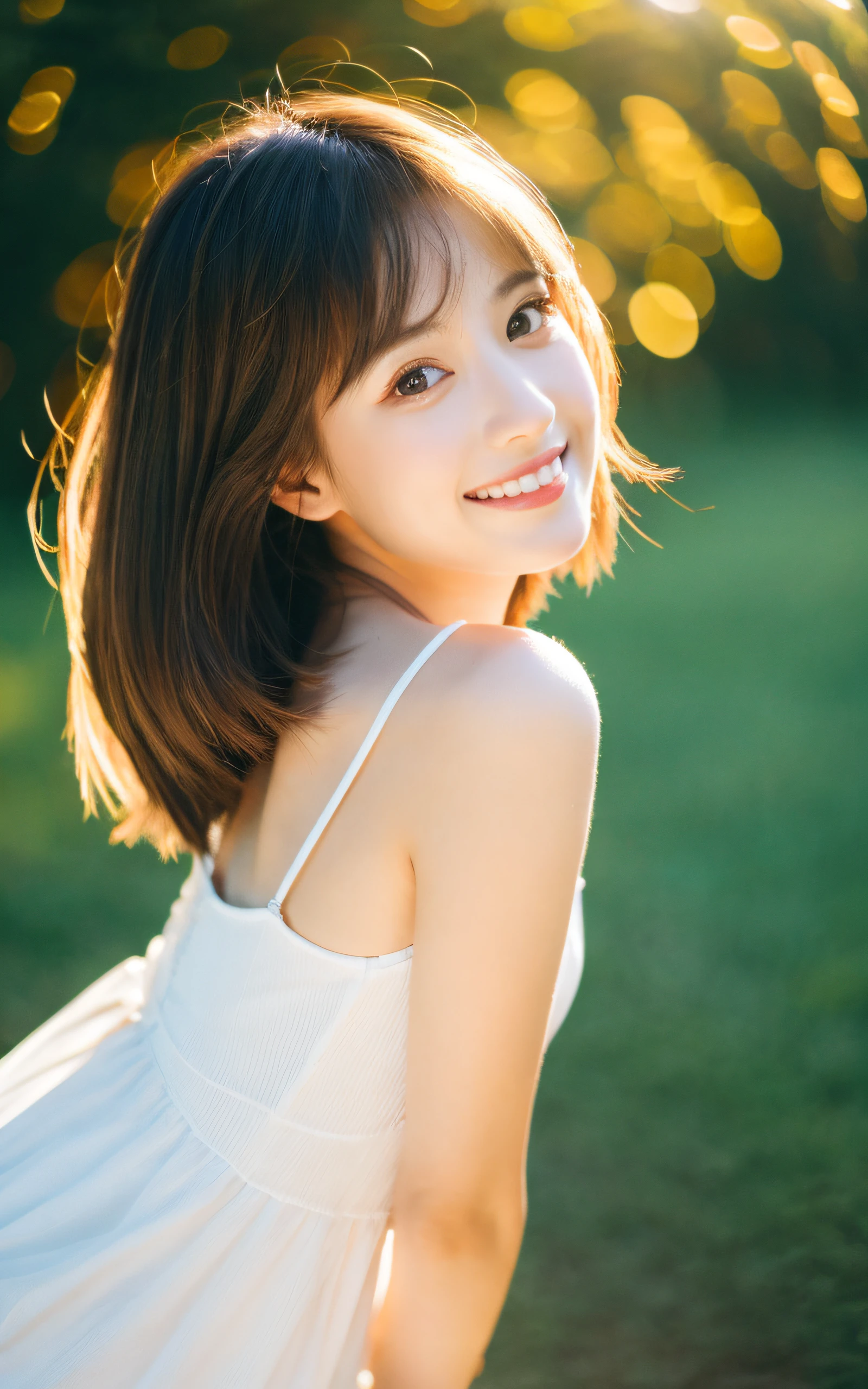 (Ultra-realistic), (High resolution), (8k), (very detailed) (beautifully detailed eyes),masterpiece, Best image quality, high quality,(super detailed), (wallpaper), (detailed face), The whole body is visible、Beautiful feet、Thin legs、Look at me,Beautiful woman, Japanese, detailed, detailed eyes, detailed skin, Beautiful Skin, 超High resolution, (reality: 1.4),so beautiful, A little young face, Beautiful Skin, thin,  Finer details, detailed face, Look straight ahead, Real Photo, Bright lighting, Professional Lighting, Mature Woman, iris、Brown Hair, Short hair swaying in the wind, Stylish bangs,White V-neck Sleeveless、短いTight Skirt,Tight Skirt、Pure erotic face ace_v1、thin眉毛、Low Angle、smile、I can see your toes、Facing forward、