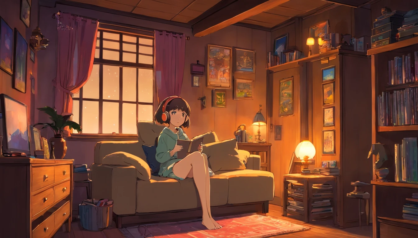 Anime girl sitting on a couch reading a book in a room - SeaArt AI