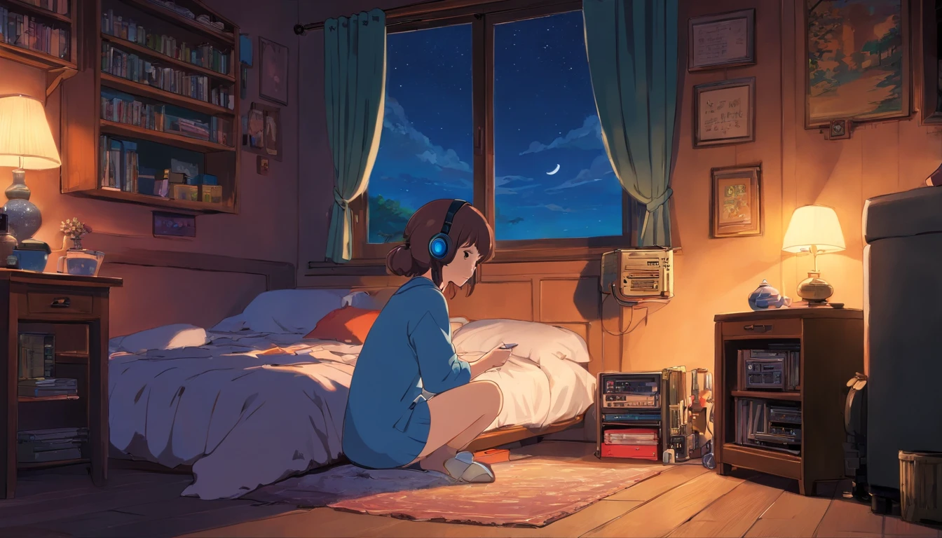 ( High Definition 2D Anime) Girl listening to music in a cozy room at night, usar fones de ouvido, Estilo anime 2D, lo fi, Hard disk, meio escuro