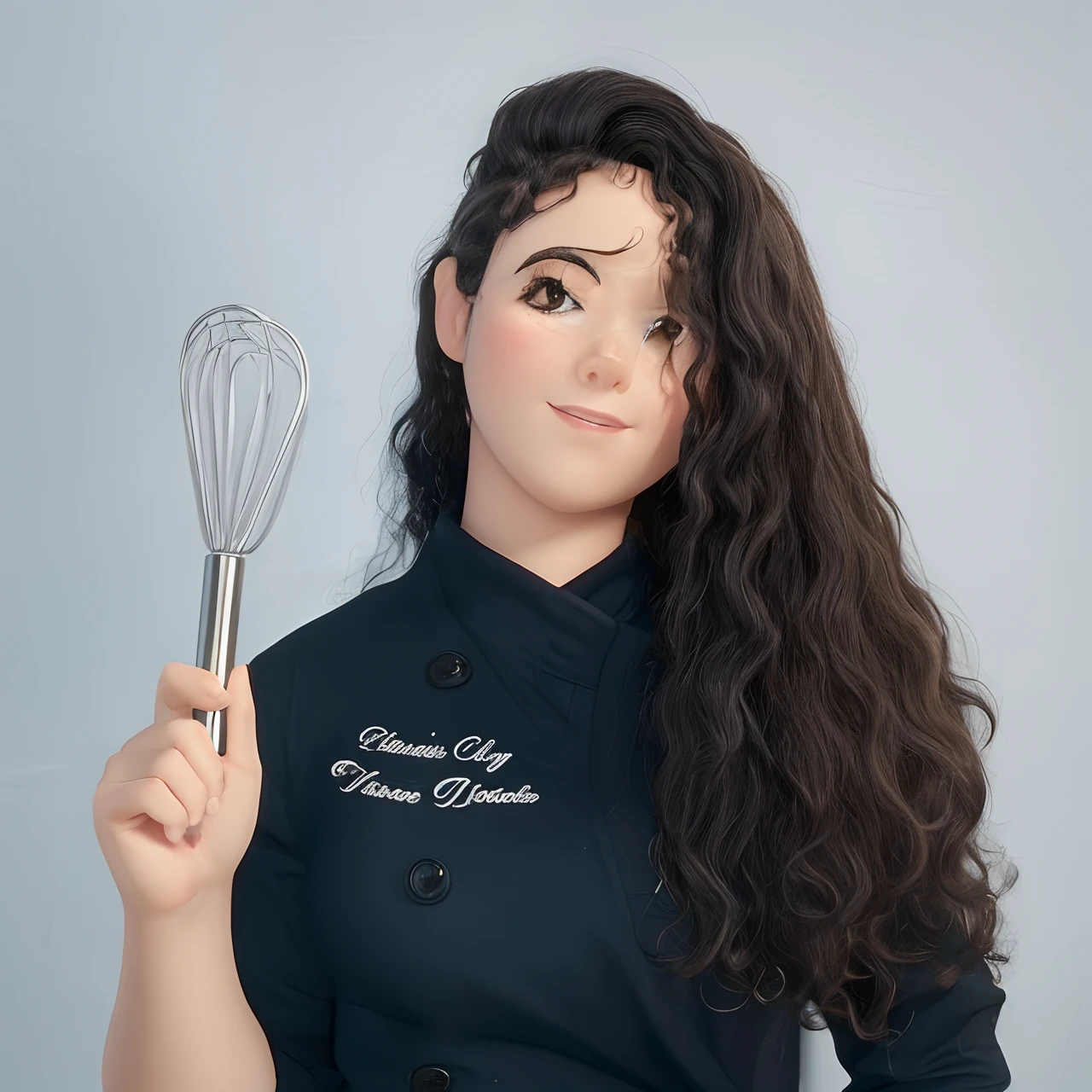 Woman with brown eyes, black hair, curly at the ends, tames like a confectioner cooking with white minnie background and with a fue in her right hand