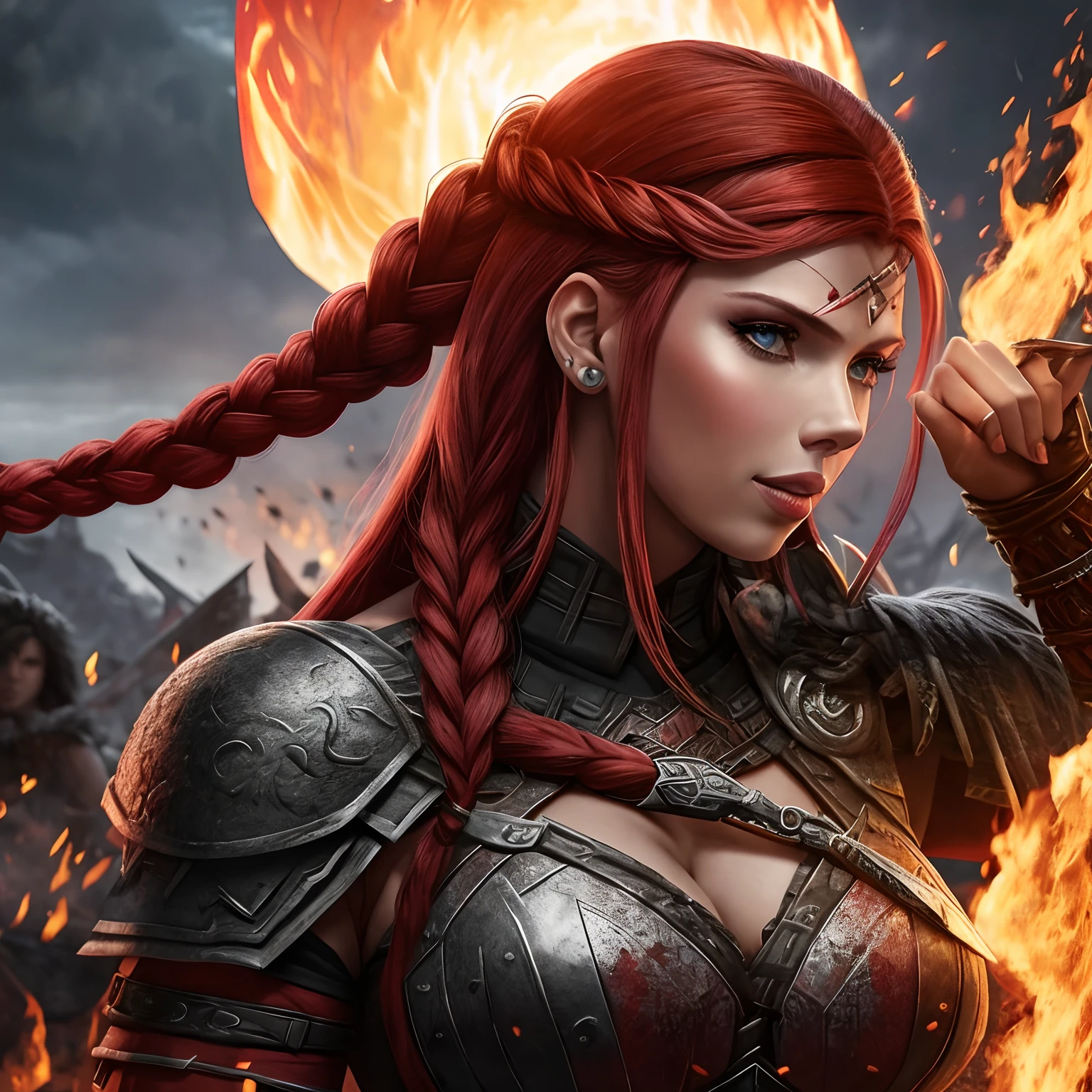 Berserker, barbarian woman(Scarlet Johansson),  Arte de Fantasia, of his gaze alone enemies beginning to panic, one head, devilish smile, besta do inferno, demonio, White Fire Sky, guerreira, com foice e escudo, Linda, Mulheres, Werelion, Long red braided hair, olhos dourados brilhantes, realista, altamente detalhados, Motor irreal, 8k de luxo