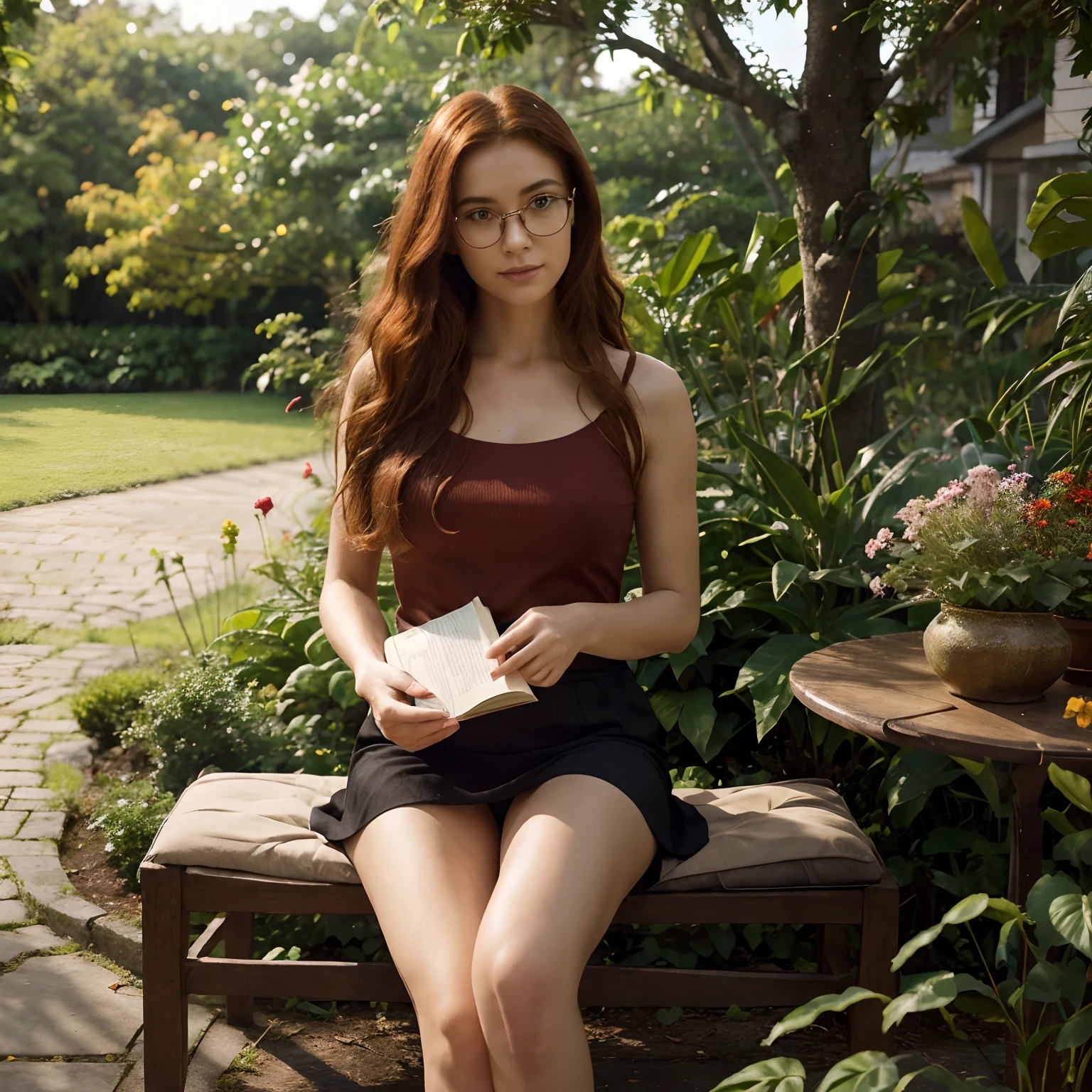 There is a woman sitting on a bench reading a book - SeaArt AI