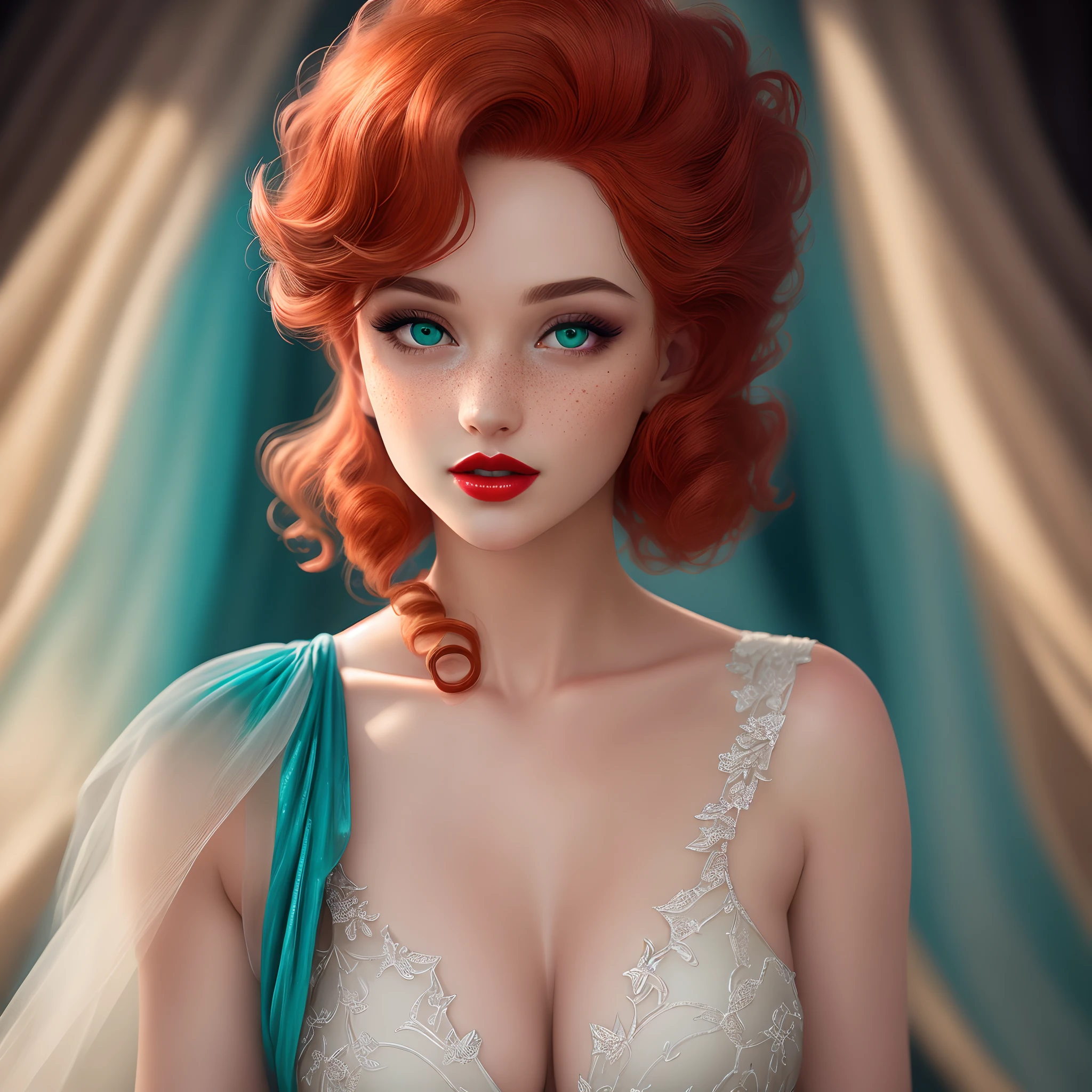 [Redhead (red curly hair, freckles, green captivating eyes, red lips, flawless skin) girl in (classic Hollywood glamour)], in a stunning {red | teal | cream} evening gown, {SFW | NSFW}, [attractive, flirting, looking at viewer], {full body:1.4 | bust:1.2 | portrait:1} with detailed skin (highly detailed), dazzling accessories, luxurious backdrop, velvet curtains, dramatic pose, interesting composition, spotlight illumination, rich shadows, shallow depth of field, sparkling bokeh, exquisite details, high-resolution, 35mm film, timeless elegance, 35mm photography, natural blurry, (HIGH-RESOLUTION RAW photo), (realistic, hyper-realistic:1.3), pristine, intricately detailed, flamboyant masterpiece, ultra- high definition, high resolution, (impeccable shadow),