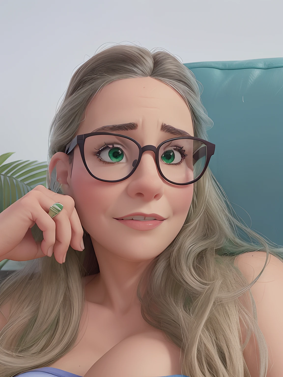 Retrado deve ser de uma mumher loira, usando oculos, Sitting on the green sofa.