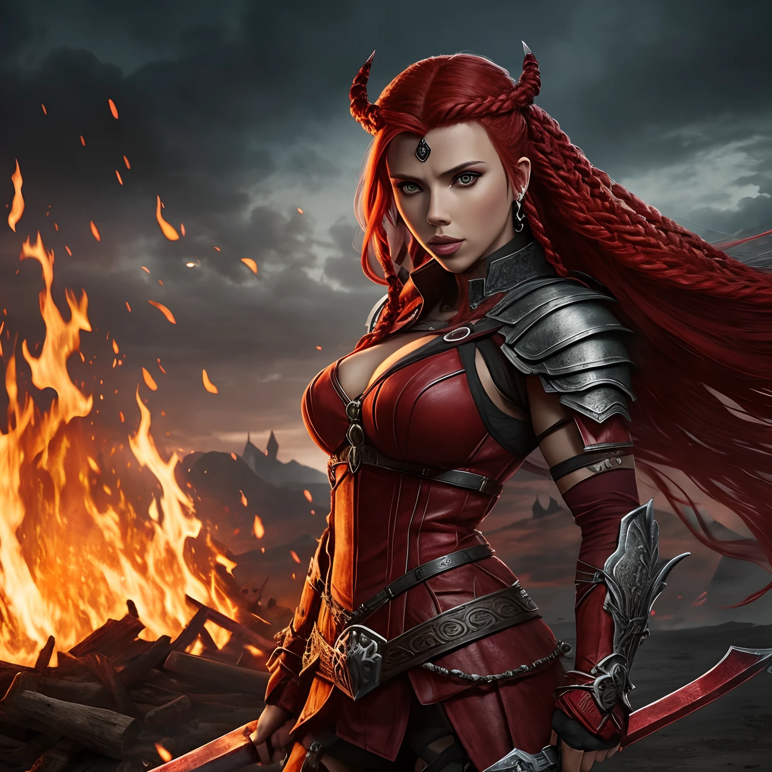 Berserker, barbarian woman(Scarlet Johansson),  Arte de Fantasia, of his gaze alone enemies beginning to panic, one head, devilish smile, besta do inferno, demonio, White Fire Sky, guerreira, com foice e escudo, Linda, Mulheres, Werelion, Long red braided hair, olhos dourados brilhantes, realista, altamente detalhados, Motor irreal, 8k de luxo