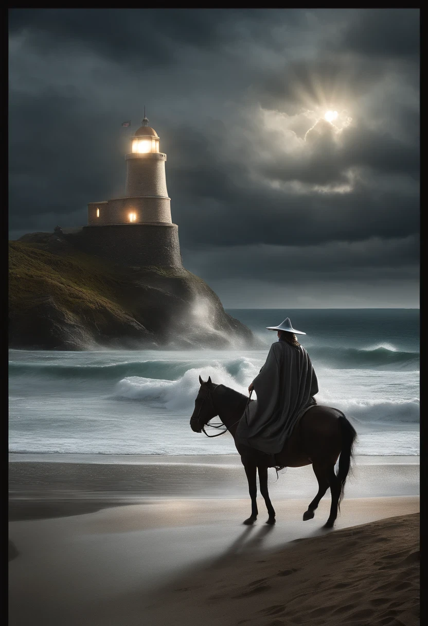 3d pixar style poster of a wizard wearing grey robes and a pointy hat like Gandalf riding a brown horse on hill looking down at a beach with a black and white stripped lighthouse casting volumetric lights, and large island in the back ground and giant whirlpool in the bay sea with light rays coming of dark clouds