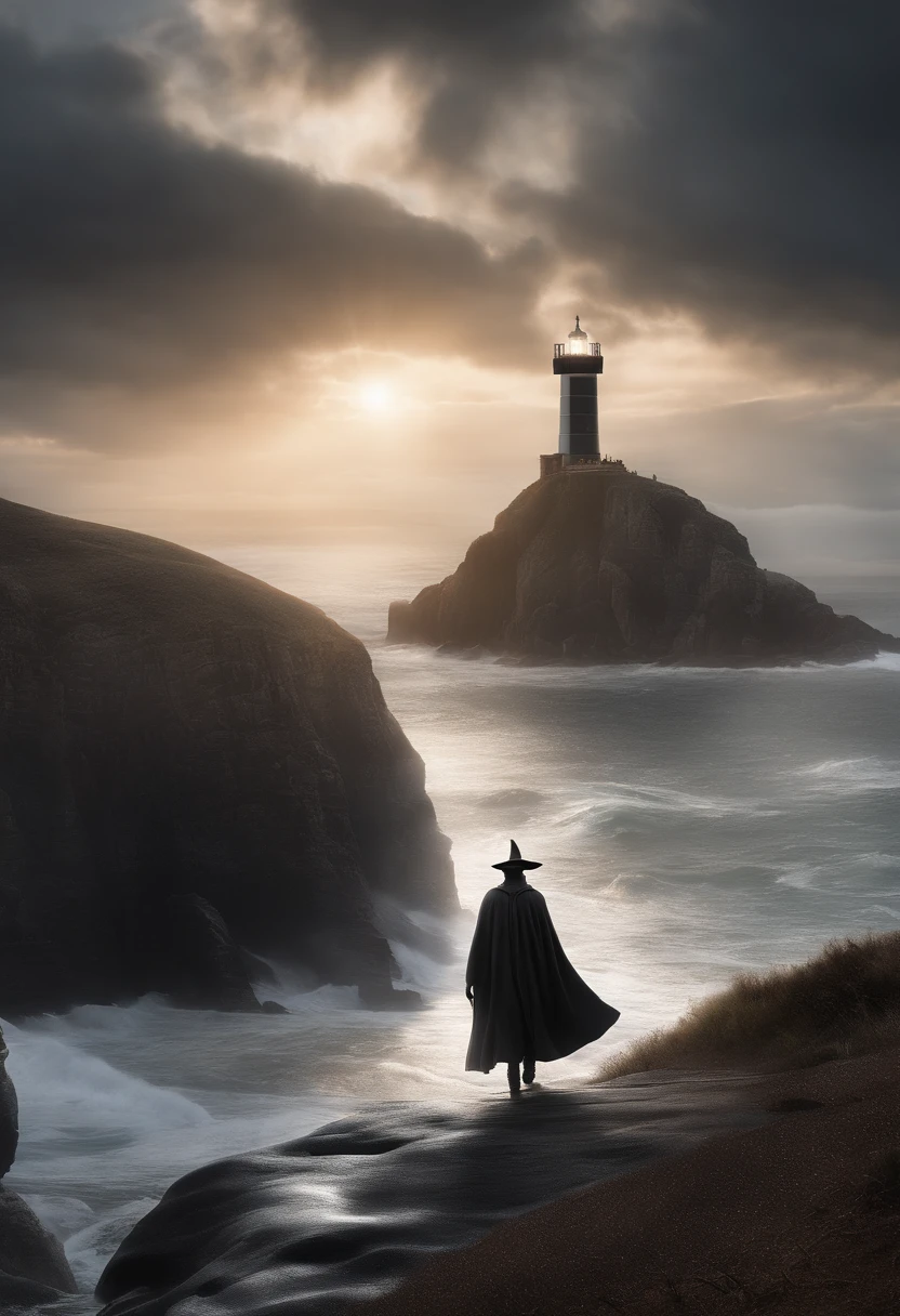 3d pixar style poster of a wizard wearing grey robes and a pointy hat like Gandalf riding a brown horse on hill looking down at a beach with a black and white stripped lighthouse casting volumetric lights, and large island in the back ground and giant whirlpool in the bay sea with light rays coming of dark clouds