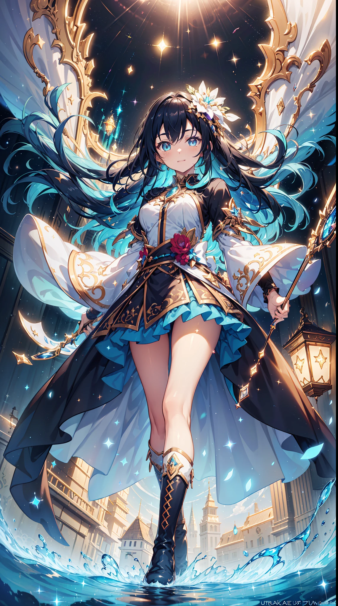 ((magical girl)), ((Gorgeous starry sky background)), ((Ultra-detailed)), ((Best Illustration)), ((Cinematic lighting)), Dynamic Angle, Floating, finely detailed,transparent costume, (glitters:1.2), (Sparkle:1.2), (Shine:1.2), (Best quality), (Masterpiece:1.2), (Anime style), (Solo), Beautiful detailed face, (Cute face:1.3), Colorful hair, (Long hair:1.2), (Floating hair:1.2), (magical girl outfit), detailed outfits, (Sparkling wand:1.3), (Magical effect:1.3), (Flowing skirt:1.2), (Cute boots:1.1), (Transparent fabric:1.1), (Twinkle:1.2), (Glow:1.2), (Radiance:1.2), (Flicker:1.2), (Dark style:1.2)