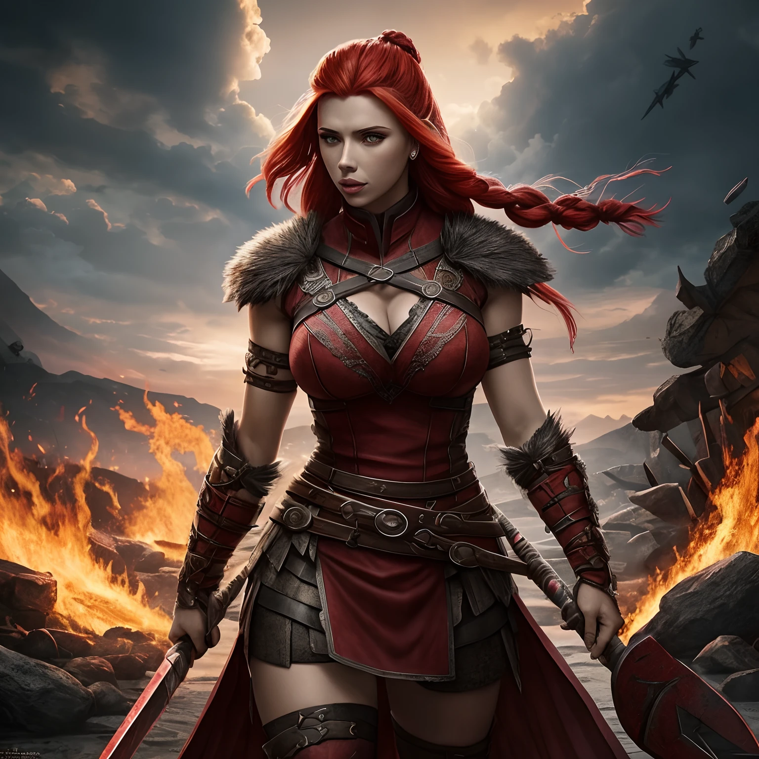 Berserker, barbarian woman(Scarlet Johansson),  Arte de Fantasia, of his gaze alone enemies beginning to panic, one head, devilish smile, besta do inferno, demonio, White Fire Sky, guerreira, com foice e escudo, Linda, Mulheres, Werelion, Long red braided hair, olhos dourados brilhantes, realista, altamente detalhados, Motor irreal, 8k de luxo