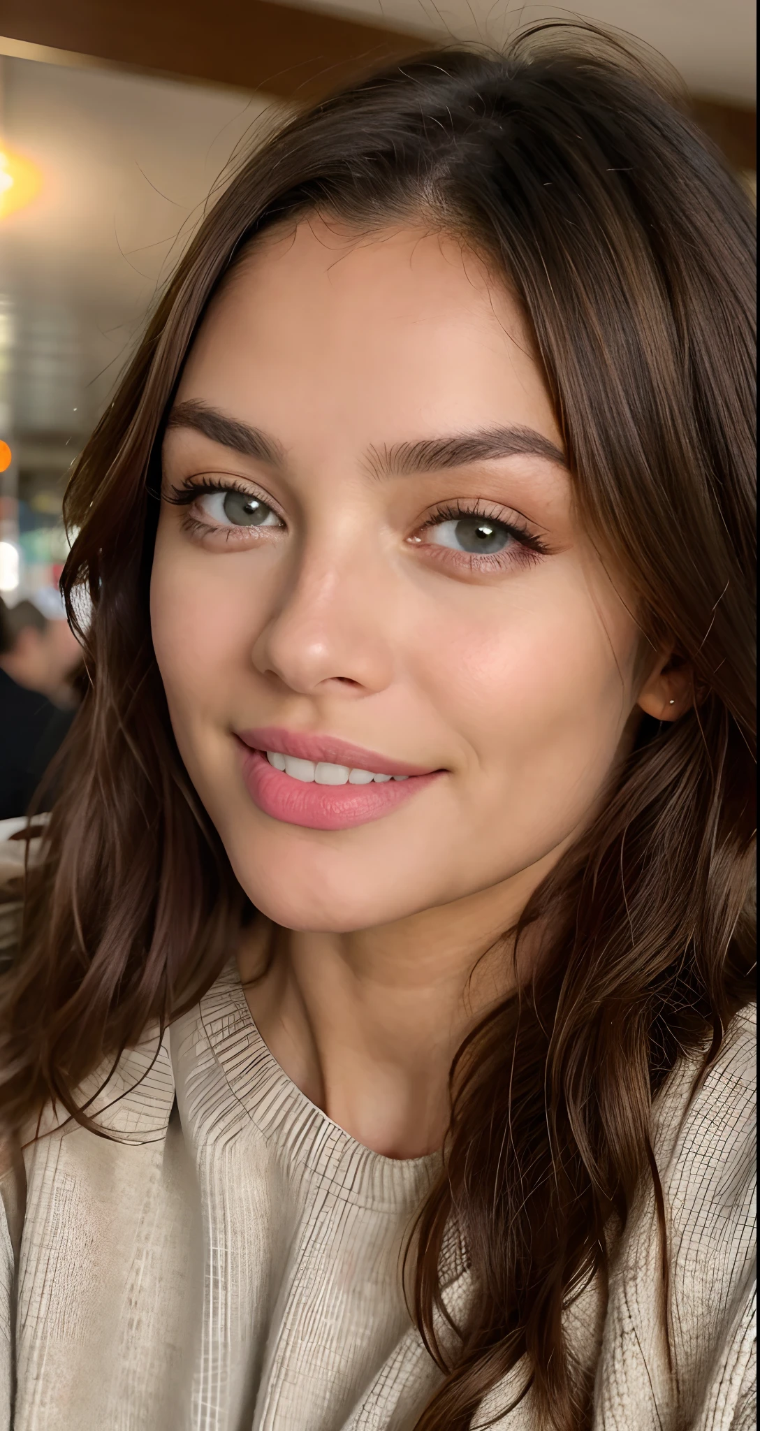 Beautiful brunette with blonde highlights wearing a beige sweater (in a café drinking soda), Very detailed, 22 anos, Rosto inocente, cabelos ondulados naturais, olhos azuis, high resolution, master part, best quality, Alto detalhe intrincado, altamente detalhado, Crisp Focus, pele detalhada, textura de pele realista, textura, olhos detalhados, profissional, 4k, sorriso encantador, filmado na Canon, 85 millimeters, profundidade de campo rasa, Cor Kodak Vision, corpo de ajuste perfeito, extremamente detalhado, fotografia_\(Ultra\), photoreallistic, Realista, Post-processing, maximum details, rugosidade, vida real, Ultra realista, fotorrealismo, fotografia, 8k UHD, fotografia