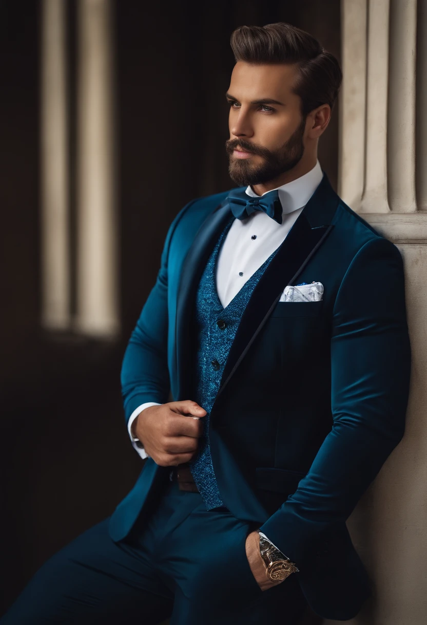 (Homens profissionais em roupas elegantes), (Sem barba,) (olhos azuis) (retrato) Beautiful and serious appearance., Cabelo azul escuro, elegante e elegante, E uma camisa branca forte muito formal., (Imagens realistas e de alta qualidade), ((melhor qualidade, 10, master part).