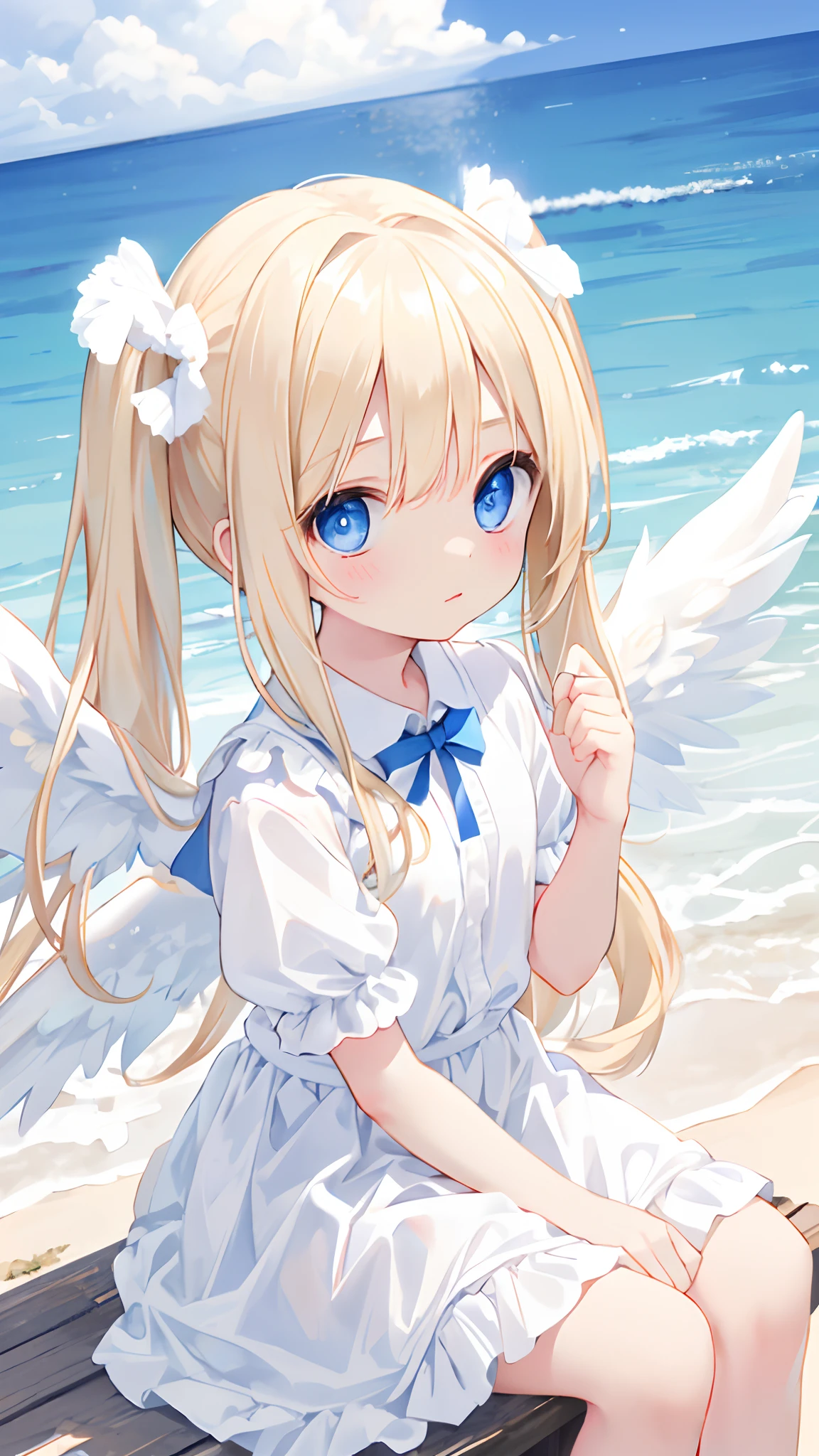 Cute angel girl，Angel wings，had his hands folded，Sat down，Long blonde hair and double ponytails，Nice blue eyes