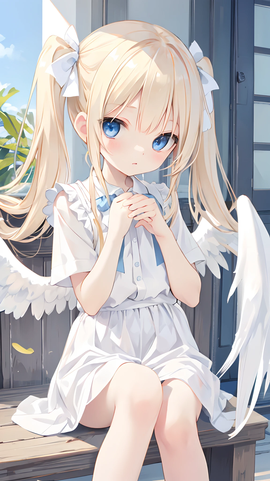 Cute angel girl，Angel wings，had his hands folded，Sat down，Long blonde hair and double ponytails，Nice blue eyes