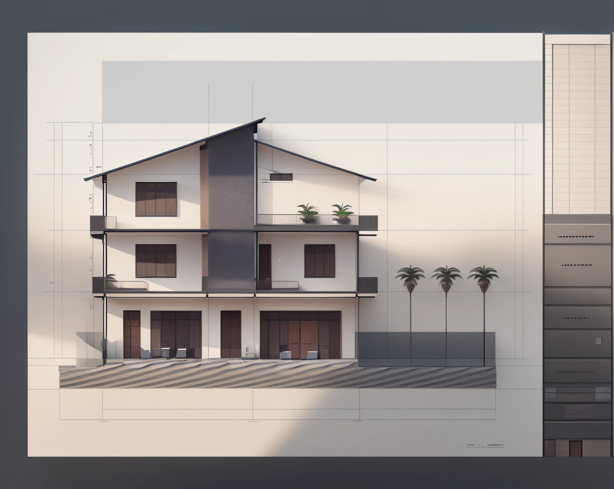a drawing of a house with a roof and a balcony, architectural section, elevation view, front elevation view, 2d side view, hq very detailed, high detail drawing, street elevation, very very high detailed, 2 d autocad, side-view. highly detailed, very very very highly detailed, front side view full sheet, an architectural, hyperdetailed illustration