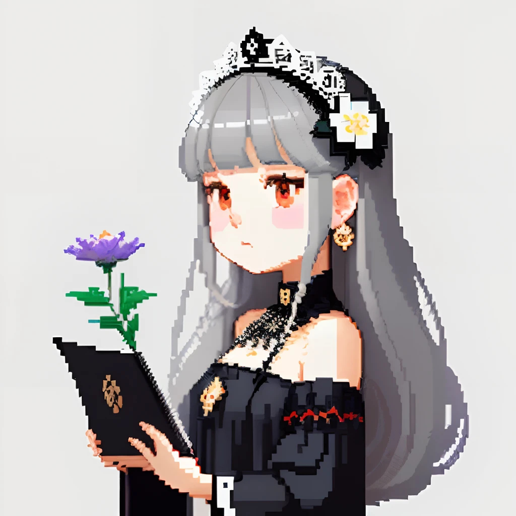She was dressed like an ornate jewel,large earring、Lots of flowers、 Gothic White、Colorful Floral Decoration Costume、Girl with dull grey long S-shaped curls、Look back and look at this.、Pixel art、Pixel Art Illustration、pixels、Plain background、Upper body、For icons、pixels_Art Book,Composition centered on the face、Black lily flower headdress、Katyusha、pixels、Game-style illustration、Pixel art、pixels、without background、The background is one color beige、pixels、Large anemone flower ornament、Loose fluffy、White background、Gothic fashion、simple background、