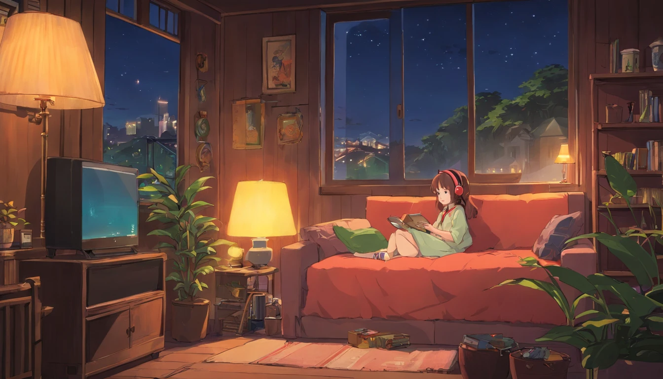 ( High Definition 2D Anime) Girl listening to music in a cozy room at night, usar fones de ouvido, Estilo anime 2D, lo fi, Hard disk, meio escuro, garota sexy.