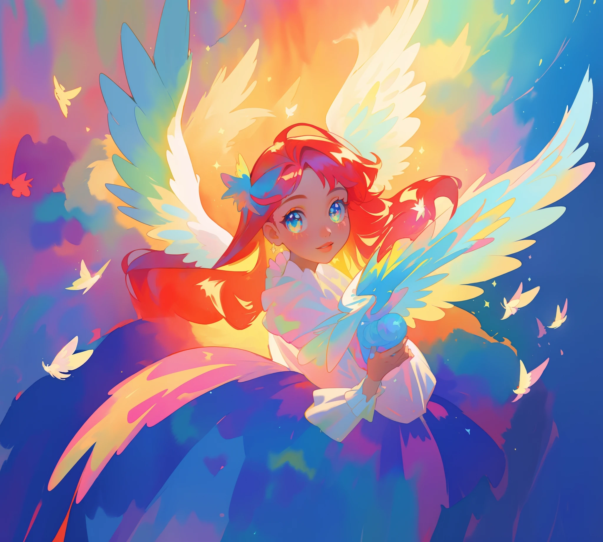 beautiful angel girl in colorful shimmering puffy dress, ((colorful angel wings)), vibrant pastel colors, long flowing red hair, colorful fantasia background, watercolor illustration, beautiful, masterpiece, best quality, beautiful face, golden ratio, beautiful eyes, sparkling eyes, highly detailed, intricate detail, (large colorful angel wings), sparkling puffy ballgown dress, colorful clouds background