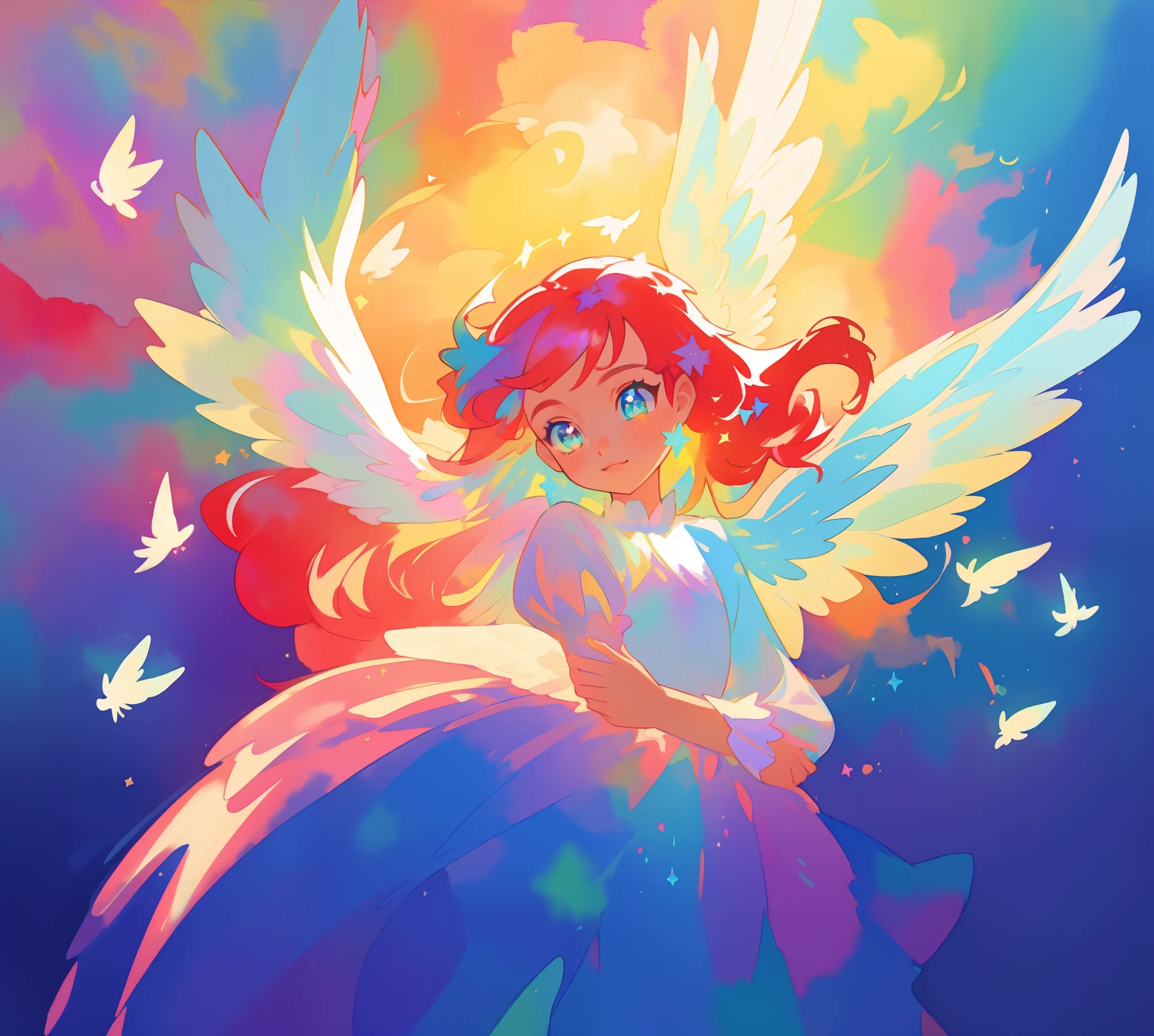 beautiful angel girl in colorful shimmering puffy dress, ((colorful angel wings)), vibrant pastel colors, long flowing red hair, colorful fantasia background, watercolor illustration, beautiful, masterpiece, best quality, beautiful face, golden ratio, beautiful eyes, sparkling eyes, highly detailed, intricate detail, (large colorful angel wings), sparkling puffy ballgown dress, colorful clouds background