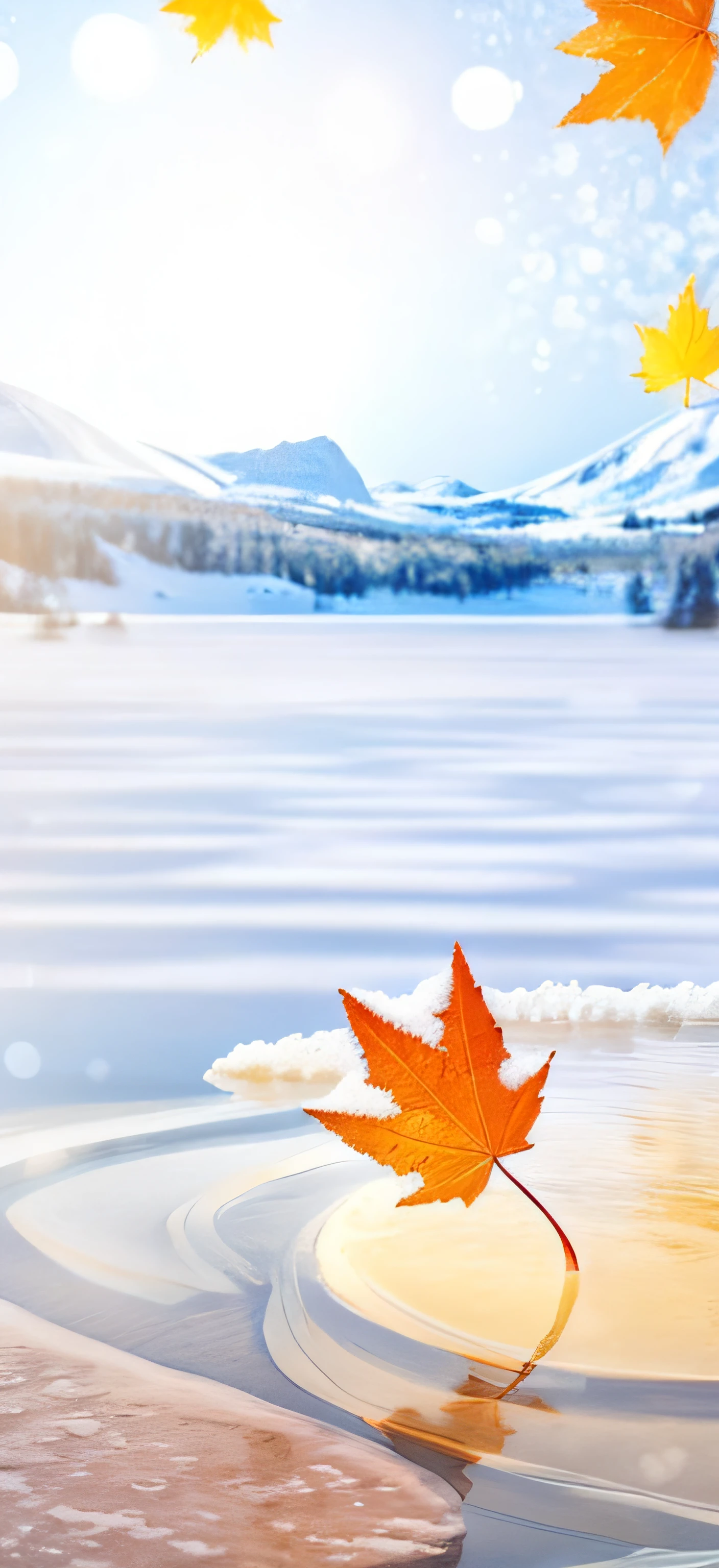 There is a picture of a leaf floating in the water, snow landscape background, icey tundra background, winter, with a snowy mountain and ice, Autumn, Ice and fire, background is white, november, fire and ice, icy lake setting, fall, icy landscape, cold sunny weather, foreground background, beatiful background, Hot, background is heavenly