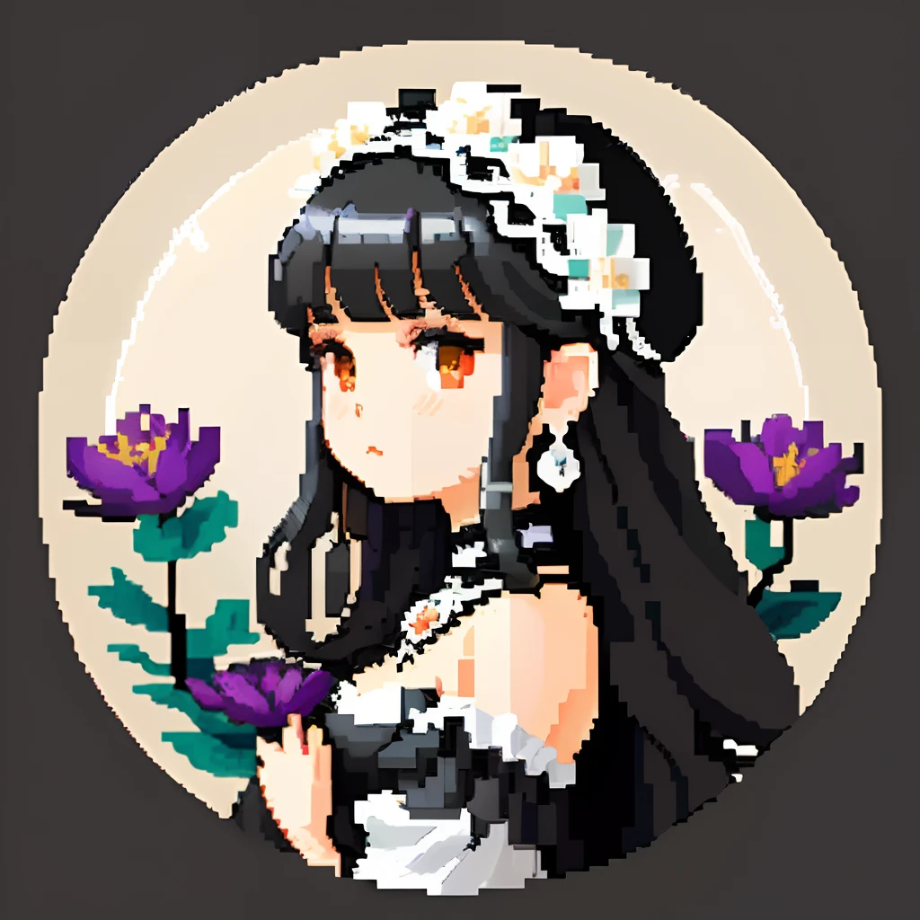 She was dressed like an ornate jewel,large earring、Lots of flowers、 Gothic White、Colorful Floral Decoration Costume、Girl with dull grey long S-shaped curls、Look back and look at this.、Pixel art、Pixel Art Illustration、pixels、Plain background、Upper body、For icons、pixels_Art Book,Composition centered on the face、Black lily flower headdress、Katyusha、pixels、Game-style illustration、Pixel art、pixels、without background、The background is one color beige、pixels、Large anemone flower ornament、Loose fluffy、White background、Gothic fashion、simple background、