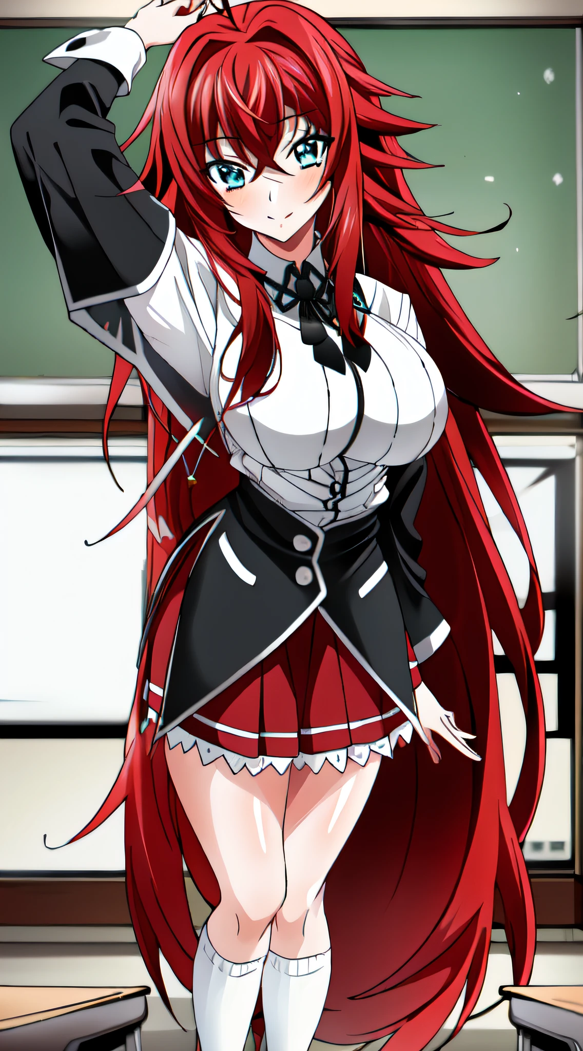 masterpiece, best quality, ultra-detailed, hires,  beautiful, detailed hair and eyes, 
1girl, red hair, long hair, ahoge,rias gremory dxd, very long hair,  blue eyes, large breasts,
(dxd clothes:1.4), school uniform, skirt, white shirt, (white socks), black boots, red skirt,
 full body, standing, hand on breasts,
 detailed background, (school  classroom:1.3),