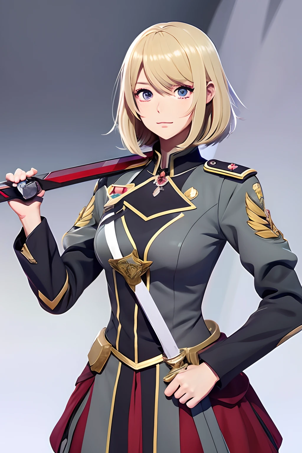 anime styled、a beauty girl、1 girl、a blond、Bob Hair、The sword、military outfits、doress、gray walls