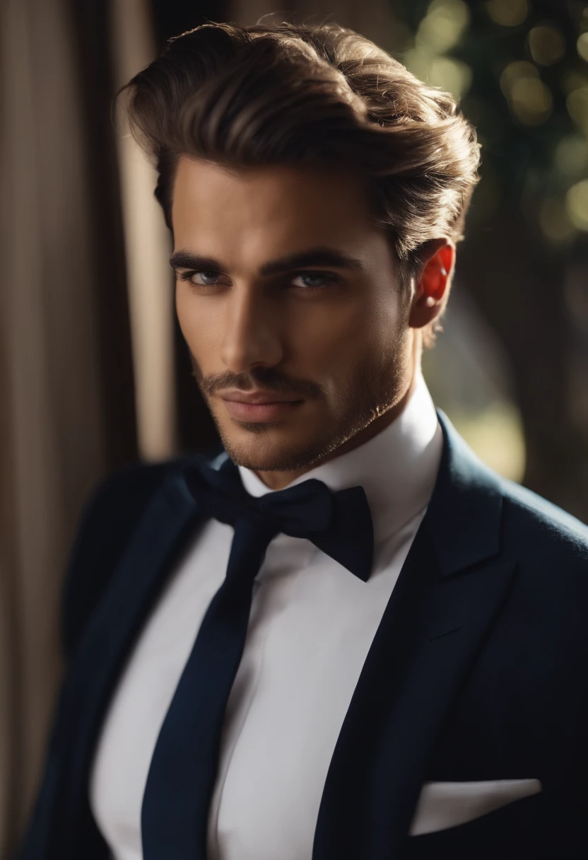(Homens profissionais em roupas elegantes), (Sem barba,) (olhos azuis) (retrato) Beautiful and serious appearance., Cabelo azul escuro, elegante e elegante, E uma camisa branca forte muito formal., (Imagens realistas e de alta qualidade), ((melhor qualidade, 10, master part).