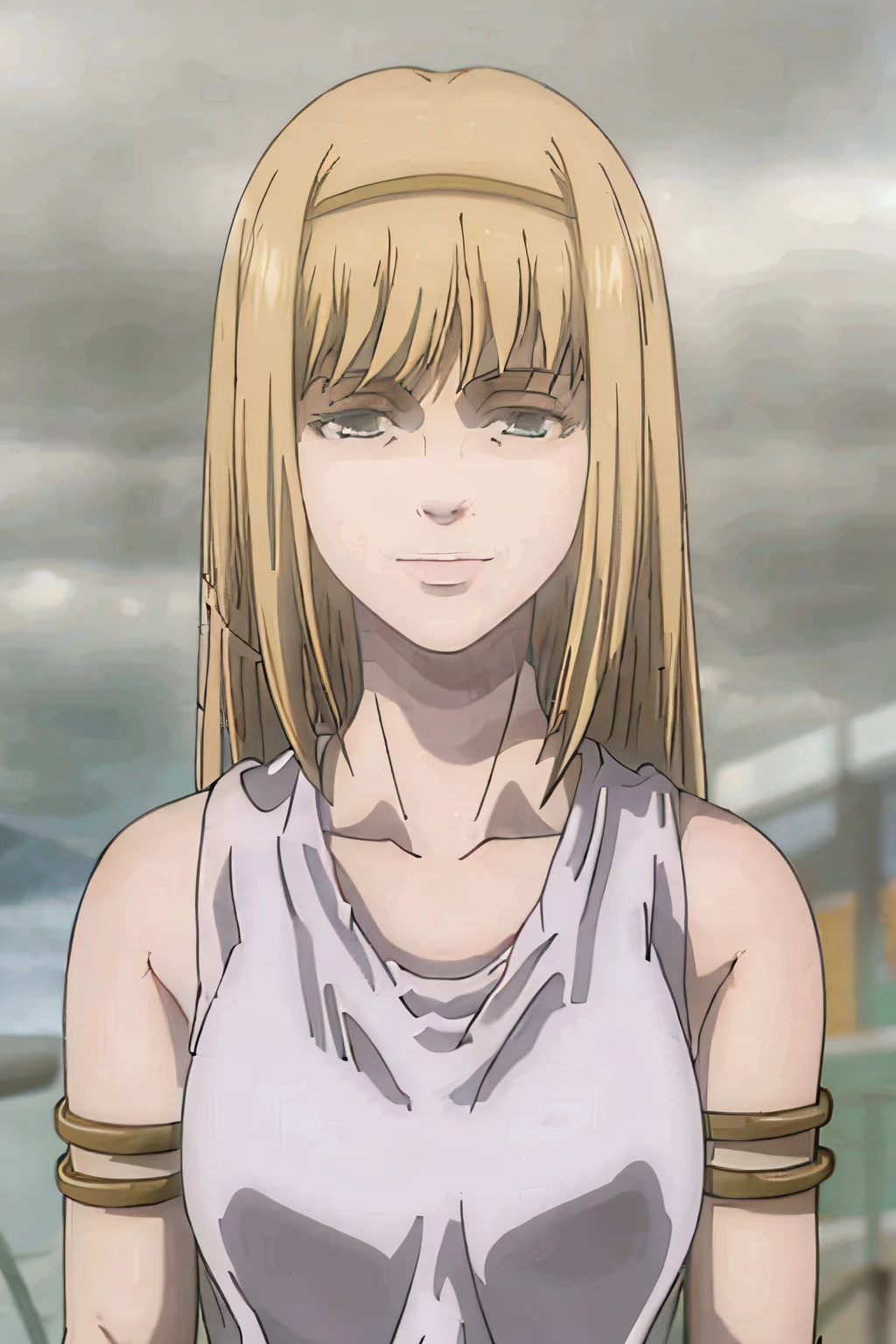 ANIME_AttackOnTitan_YmirFritz_ownwaifu, www.ownwaifu.com, 1girl, blonde hair, grey eyes, bangs, breasts, collarbone, hair over eyes, lips, long hair, medium breasts, shaded face, shibari over clothes, hairband, armlet, bare shoulders, grey dress, hair ornament, sleeveless, tank top, solo, upper body, facing viewer, looking at viewer, smile,