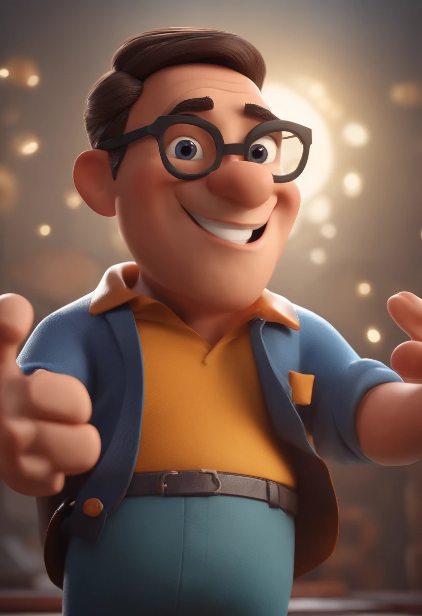 Cartoon character of a man with black glasses and a blue shirt, animation character, Caractere estilizado, animation style rendering, 3D estilizado, Arnold Maya render, 3 d render stylized, toon render keyshot, Personagem 3D, Personagem 3D, 3d rendering stylized, 3 d character render, personagem de desenho animado, Personagem de close up, Pose de personagem,  (Estilo Pixar) (master part:1.2) (Bokeh) (best quality) (pele detalhada) (textura detalhada) (8k) (argila) (Cinematic lighting) (foco nítido