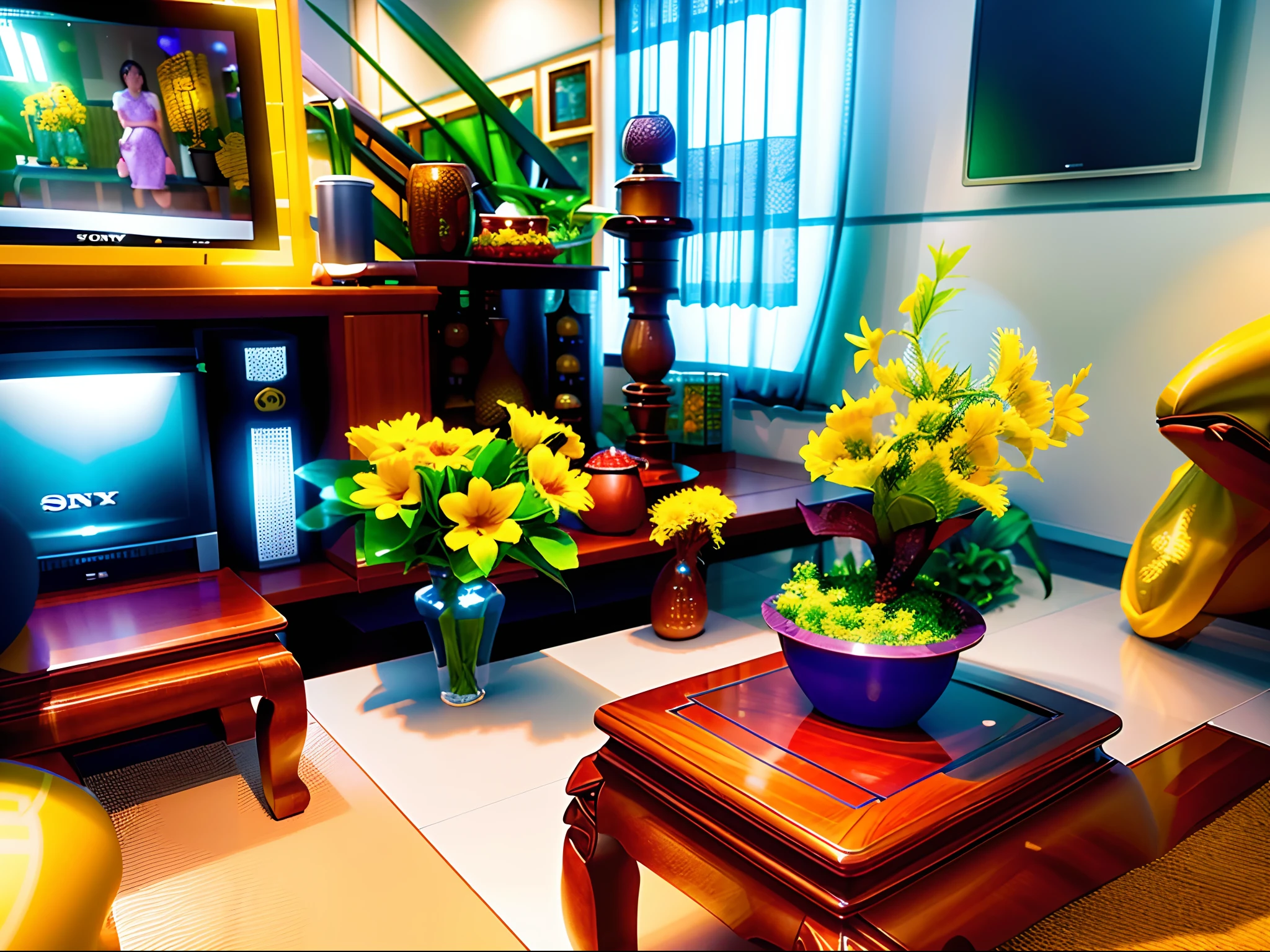 there is a living room with a tv and a table with flowers, with yellow flowers around it, taken with sony alpha 9, with flowers and plants, well decorated, shot on nikon z9, very very low quality, hight decorated, very low quality, well - decorated, decorated with flowers, wonderful masterpiece, competition winning, captured with sony a3 camera