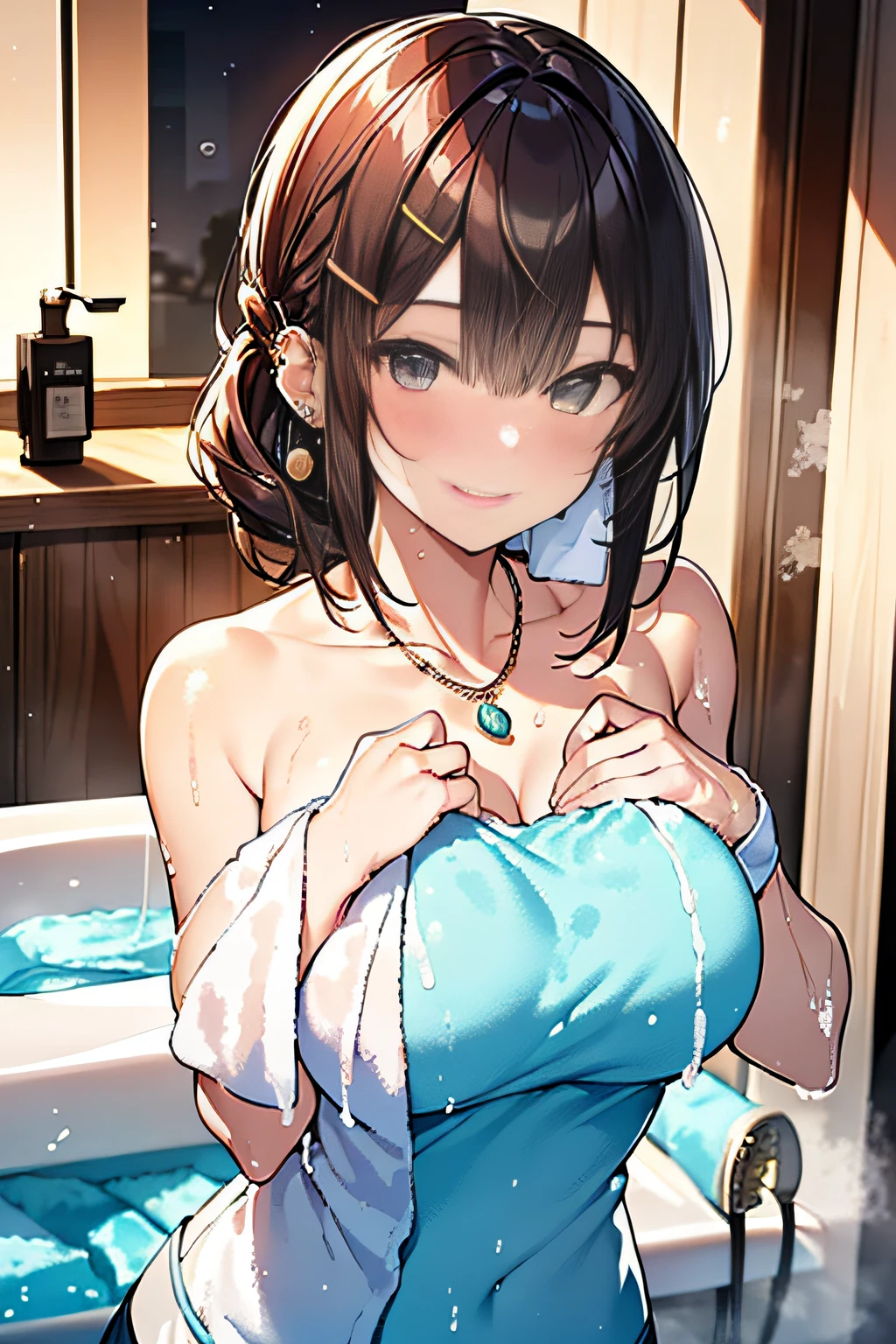 (((Shoulder deep immersion in your home unit bath:1.7))),(((flannel:1,7))),(((Hide your chest with a towel:1.7))),(((Night lighting:1.3))),breast slip,Blushing cheeks、shyly smile,bbw,(beautiful a girl)、(Short hair in shiny silver and orange inner colors,Floral hair ornament,Floral braided top knot,Twisted Side Part Ponytail,Floral braided headband,half up、Floral Braided Space Van,Voluminous Fishtail Braids,Twisted chignon,),(Bangs are see-through bangs),(((emphasizing breasts:1.3))),(Dynamic angles),(Dynamic and sexy poses),(bending forward:1.3),(((Dignified statue))),(((hair pin,a necklace,piercings))),Colossal tits,Blush with embarrassment,Enraptured eyes,A smile that beguiles the viewer,skin glistening with sweat,gazing at viewer,Upper body naked,48yo ,Upper body naked,Disturbance of clothing due to movement,pointed red mouth,Perfect round face,,Proper body proportion,Intricate details,Very delicate and beautiful hair,photos realistic,Dreamy,Professional Lighting,realistic shadow,Solo Focus,Beautiful hands,Beautiful fingers,Detailed finger features,detailed clothes features,Detailed hair features,detailed facial features,(masutepiece,top-quality,Ultra-high resolution output image,) ,(The 8k quality,),(Sea Art 2 Mode.1),(Image Mode Ultra HD,)