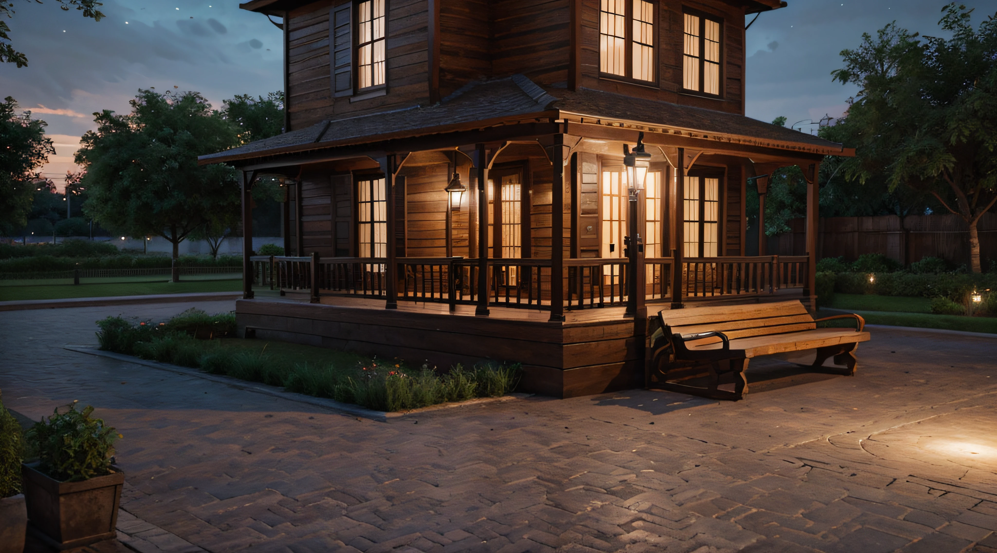 Colonial style square with wooden bench ultra realistic 3D night lighting