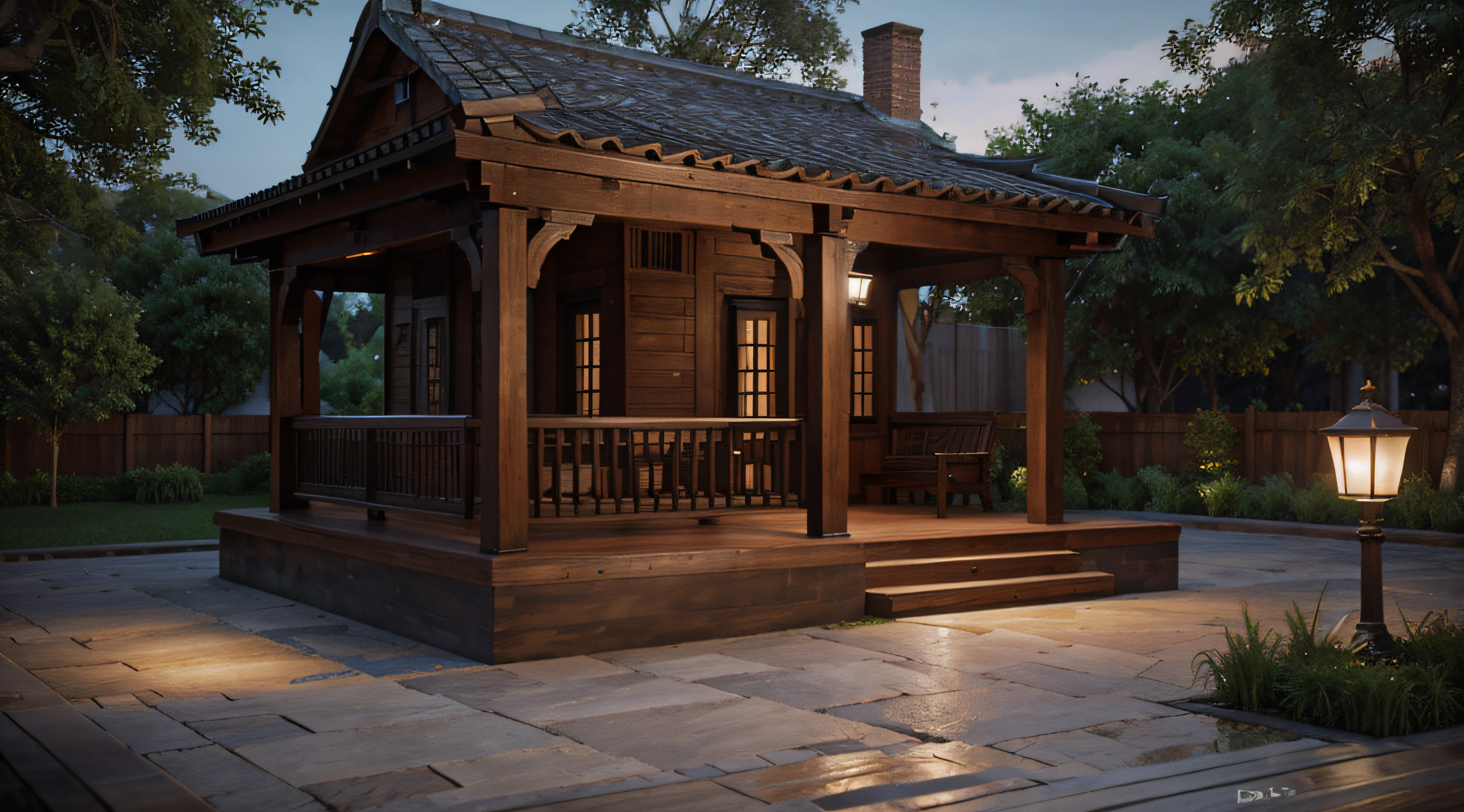 Colonial style square with wooden bench ultra realistic 3D night lighting
